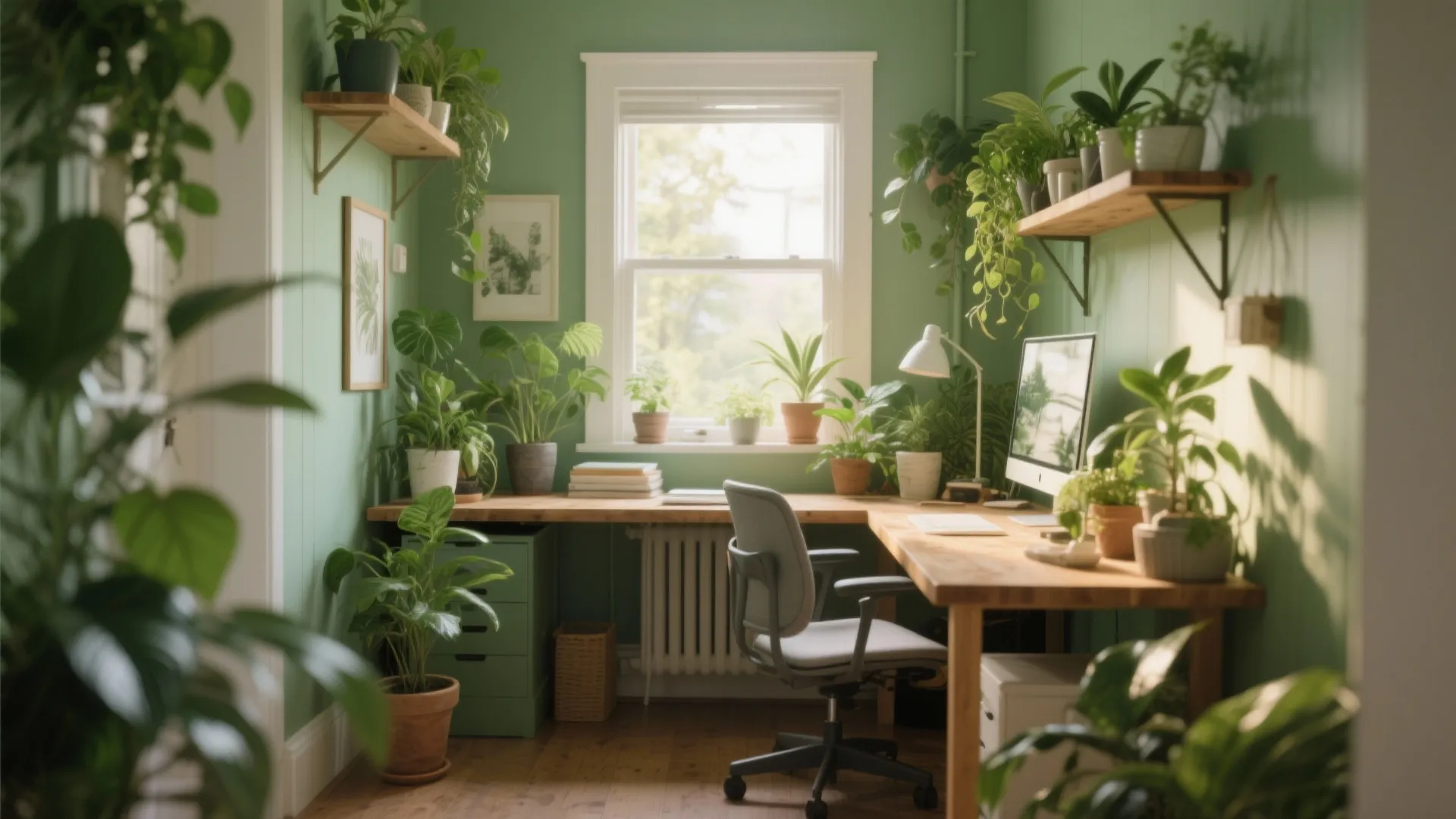 Sage green home office with wooden corner desk grey chair computer monitor and many plants