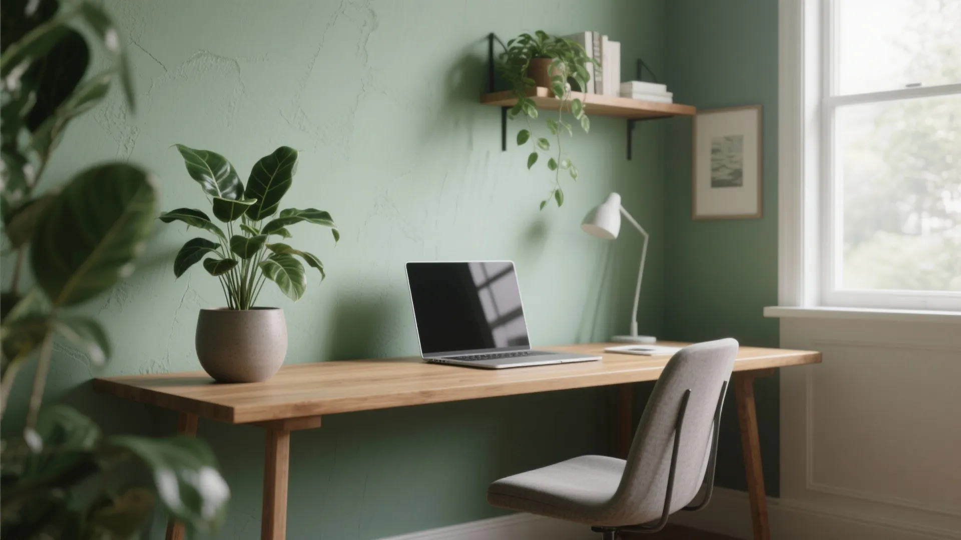 Minimalist workspace with sage green wall wooden desk laptop grey chair green plant and lamp