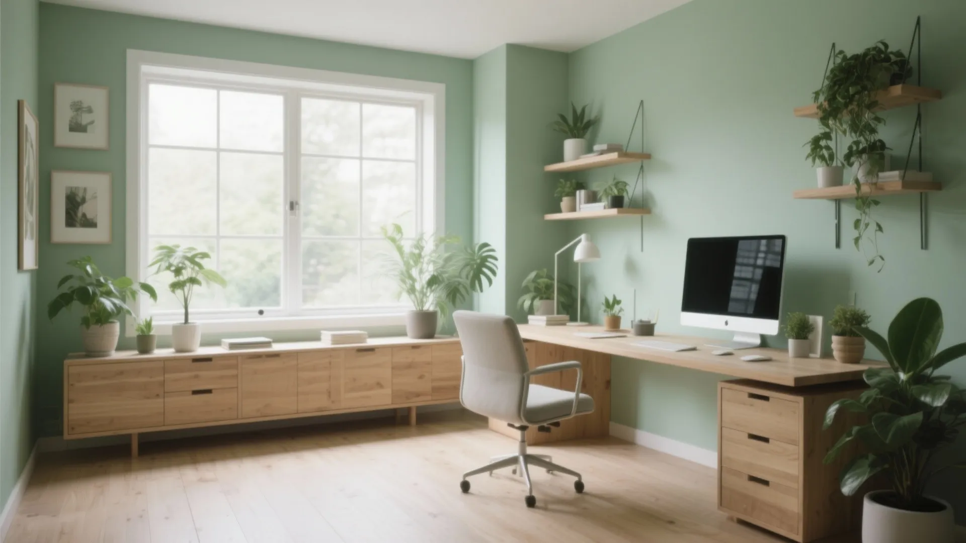 Modern home office with light green walls wooden desk white chair many plants and natural light