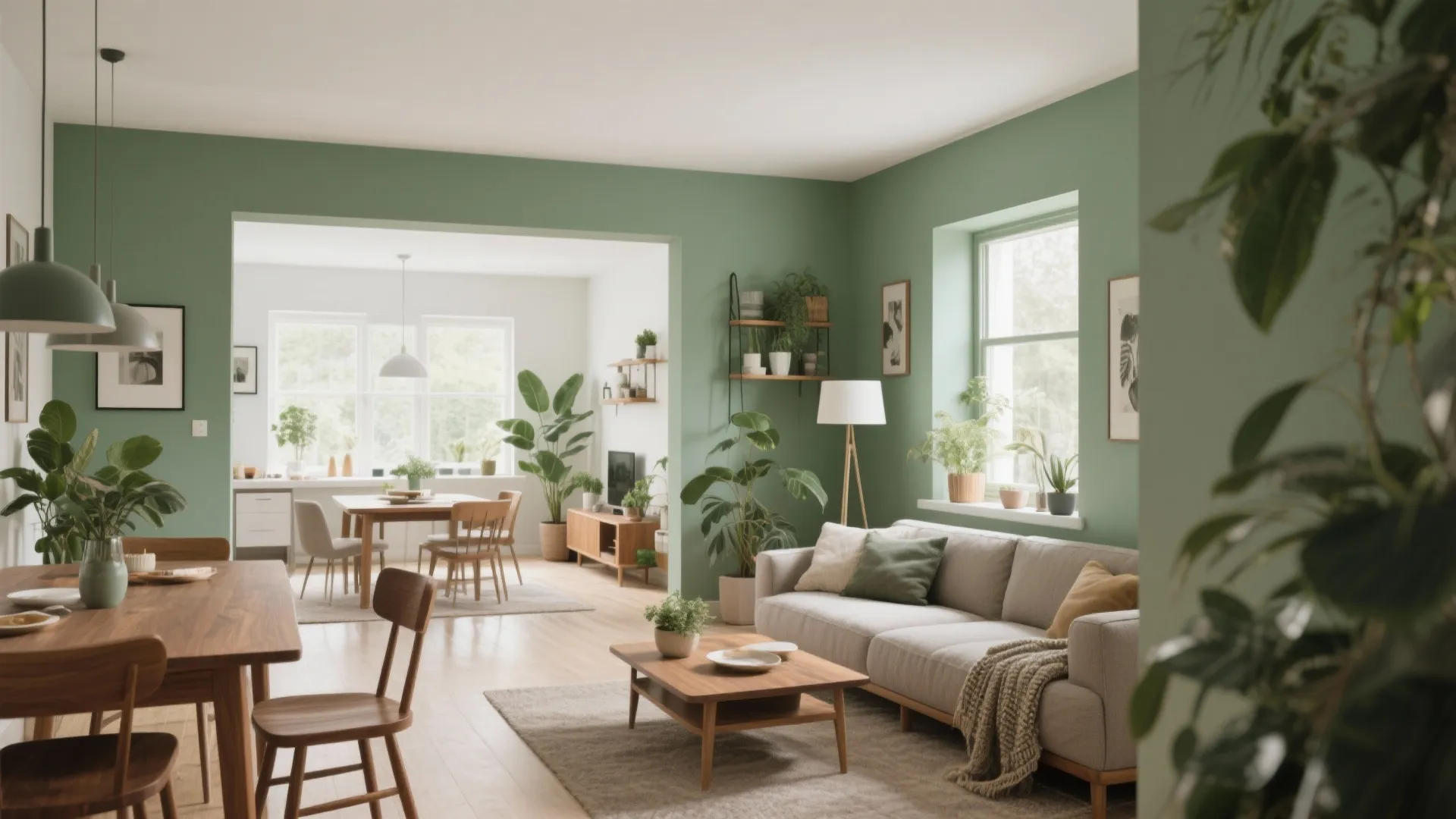 Modern sage green living room with beige sofa wooden coffee table potted plants and dining area