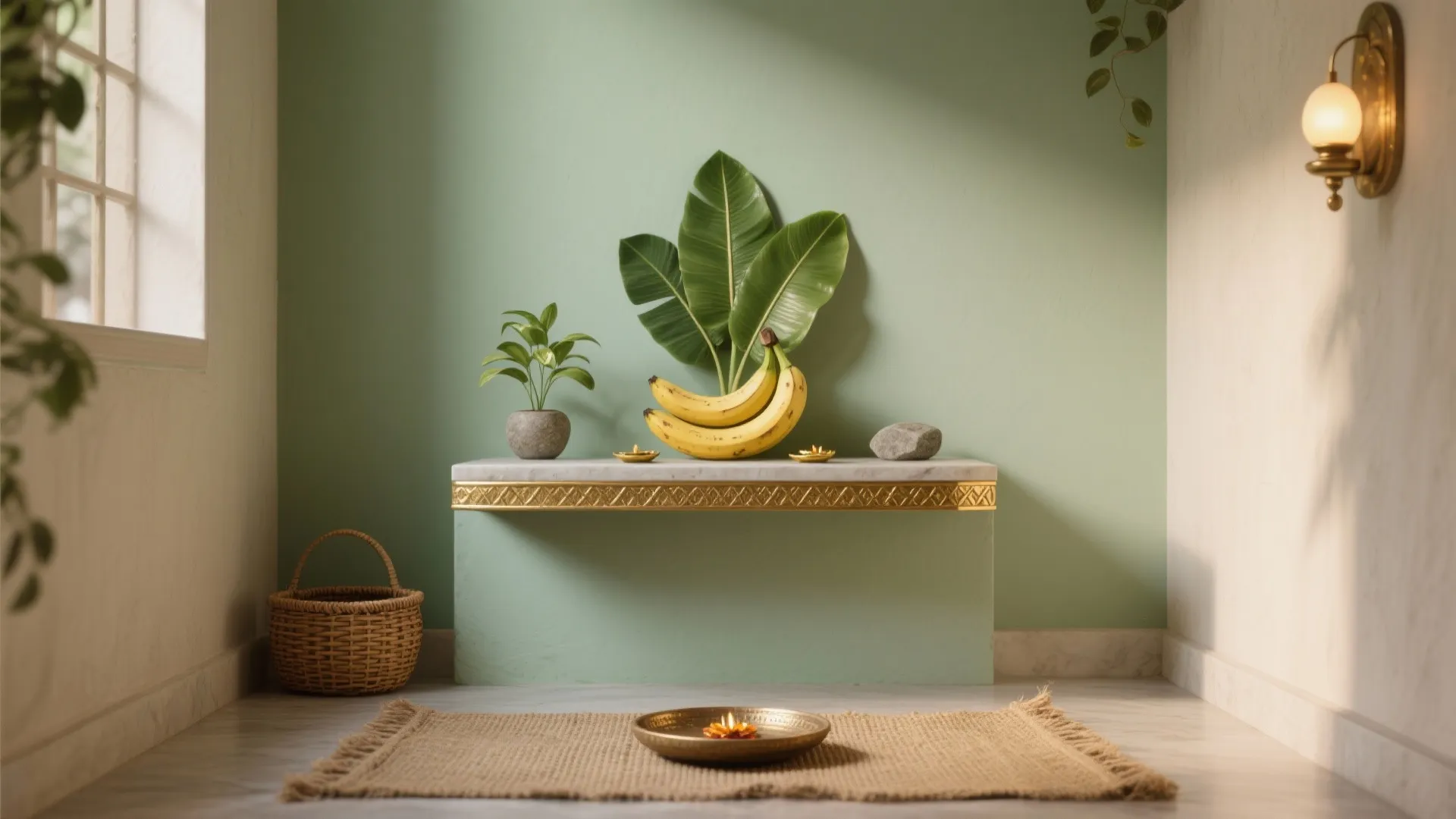 Sage green wall with marble shelf holding bananas and leaves near gold wall light fixture