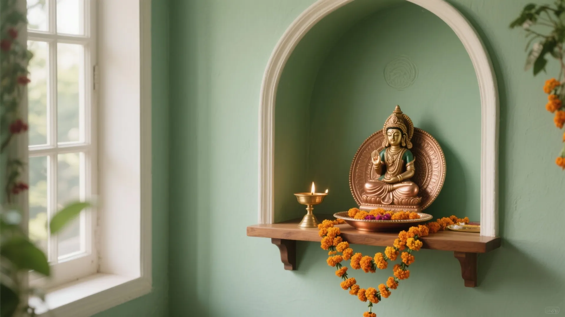 East-facing pooja corner in muted sage green with warm off-white trims and brass accents.