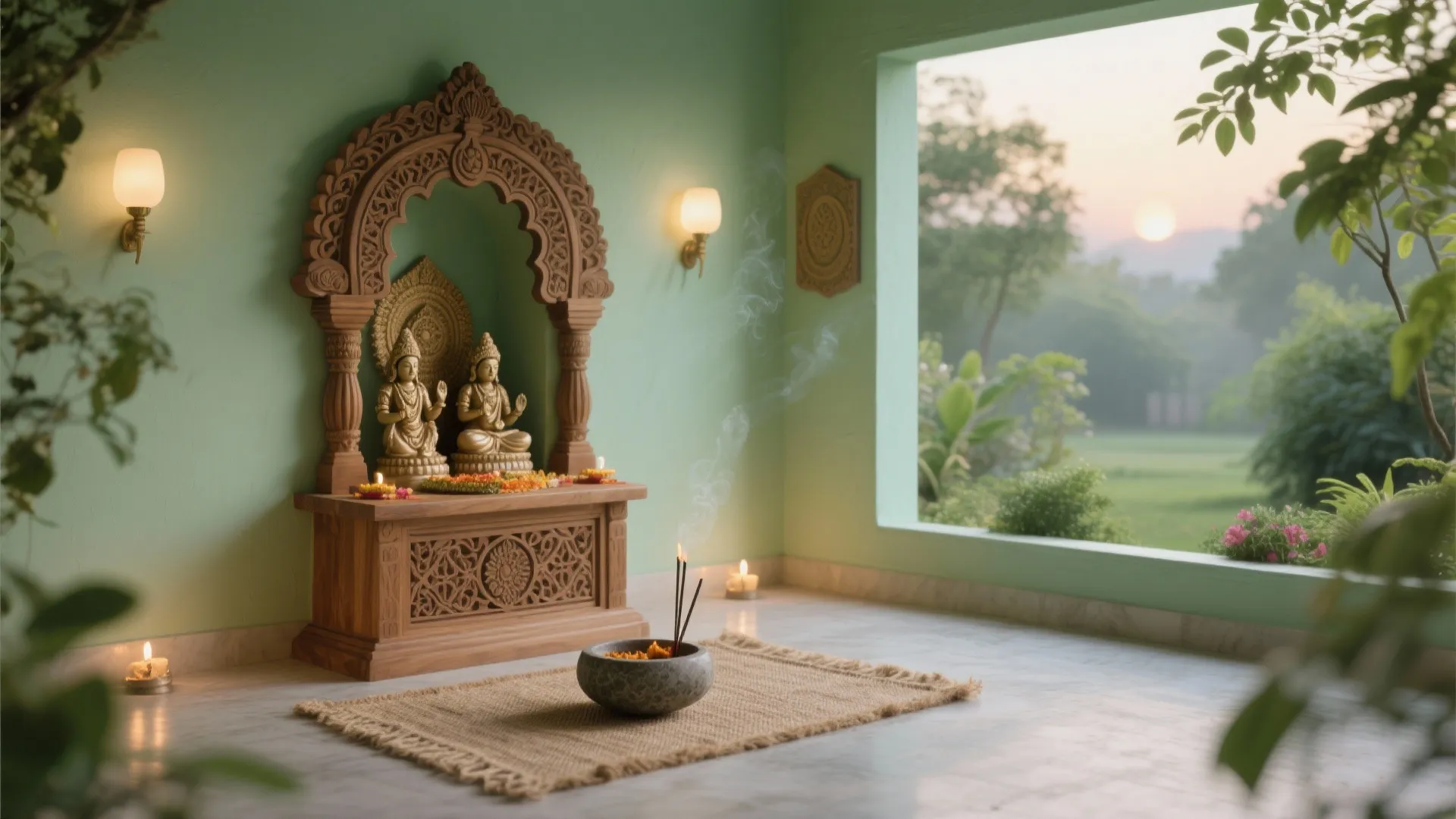 Sage green pooja nook with carved wood mandir, jute runner, and warm LEDs.