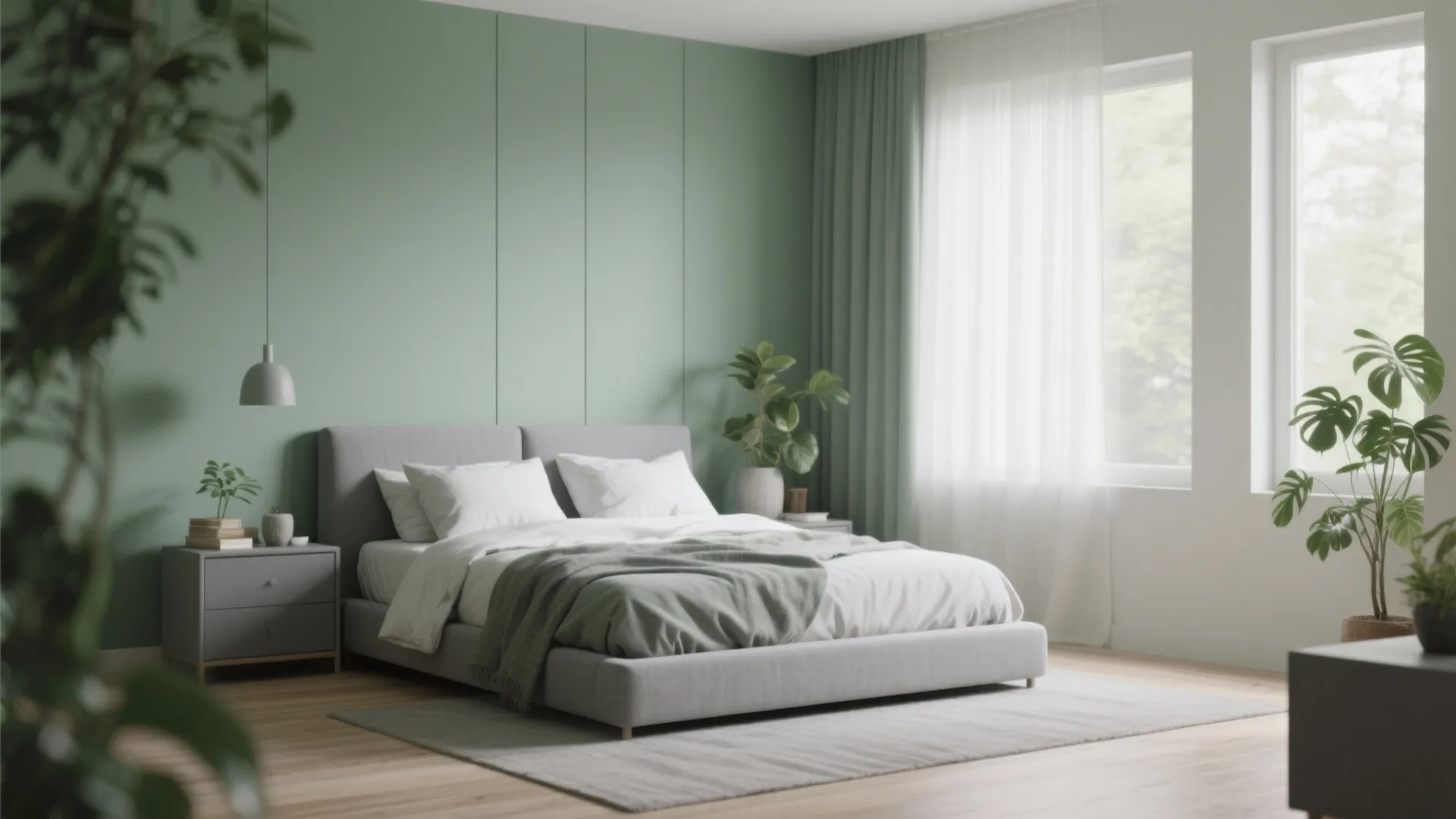 Minimalist sage green bedroom featuring a grey bed wooden floor green plants and white curtains