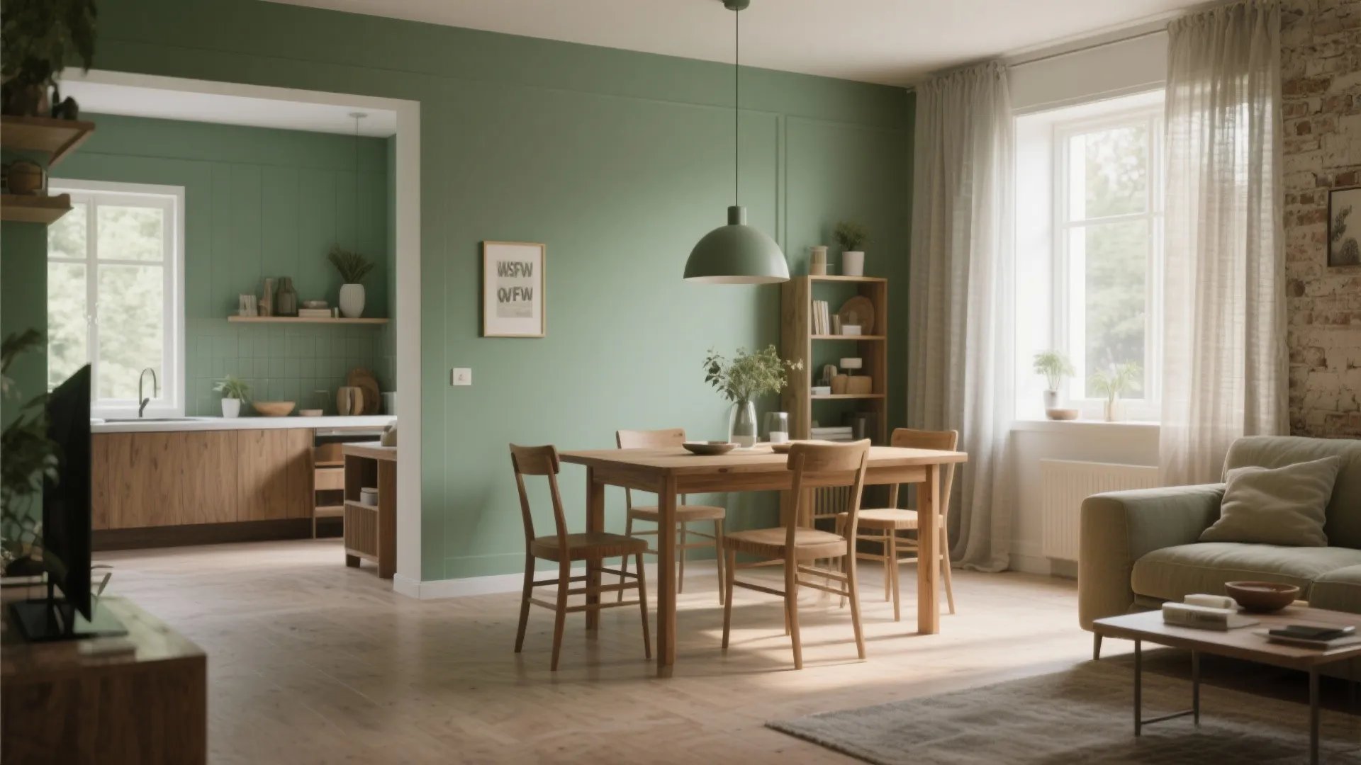 Sage green living-dining space with wooden furniture