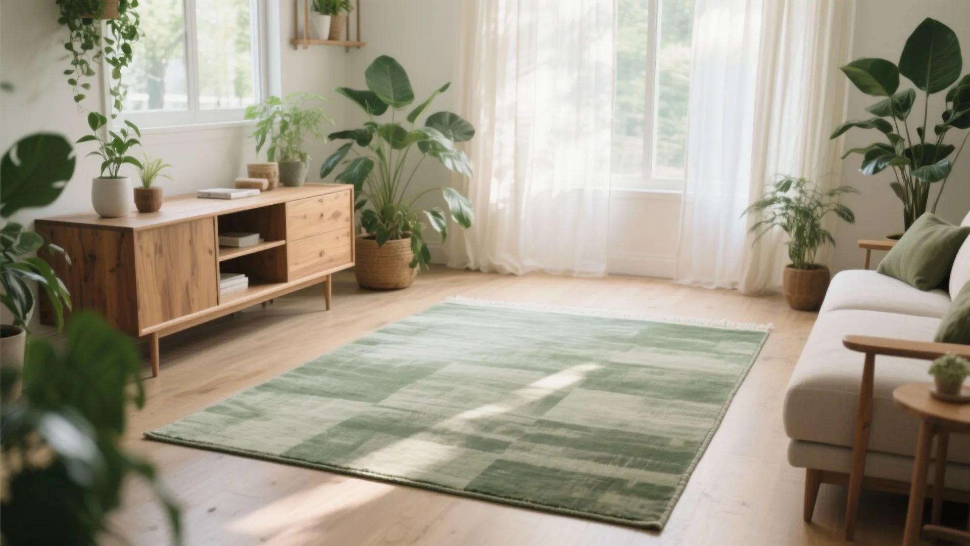 Green patterned rug in a sunlit room with wooden cabinet many plants and white sofa