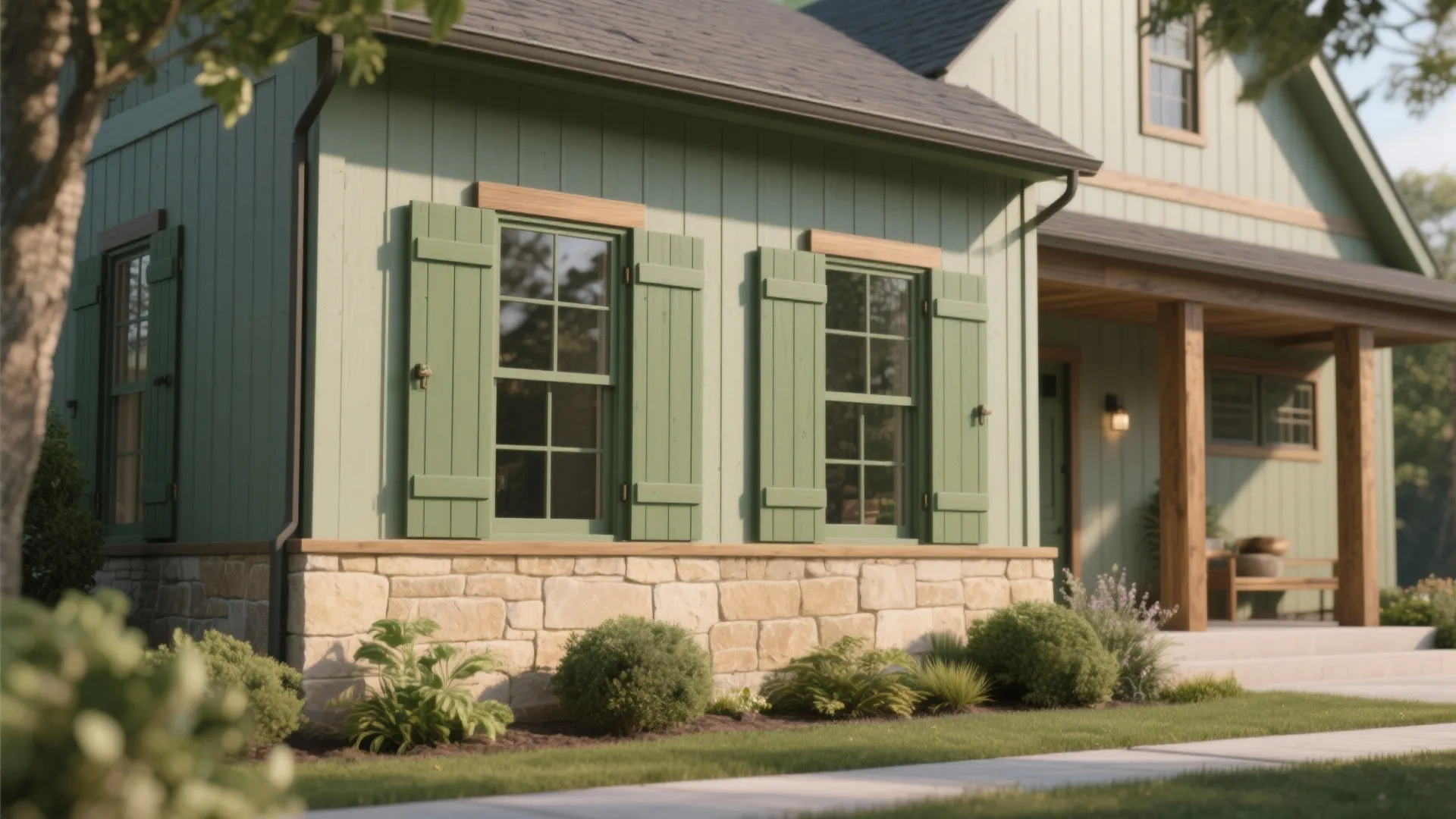 Light green wooden house exterior with sage green window shutters stone base and garden path