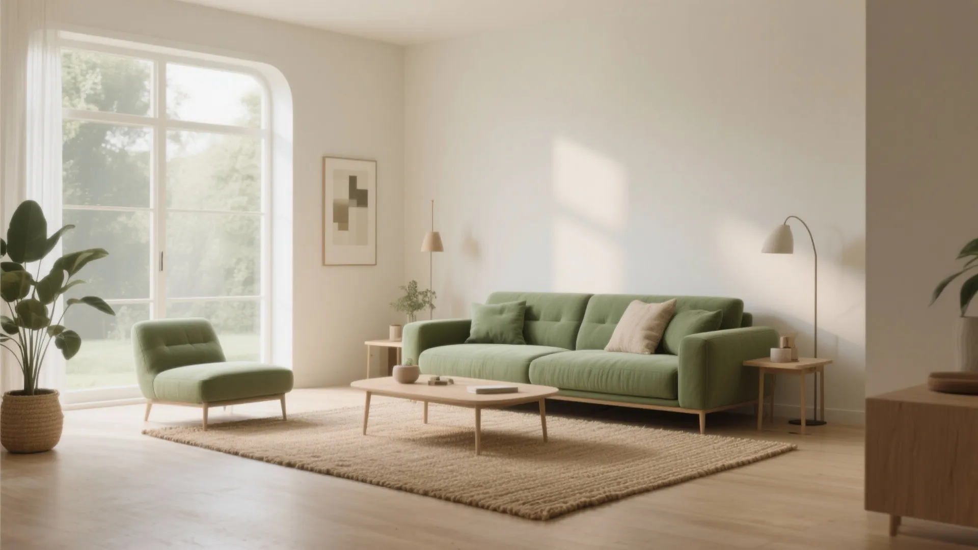 Modern bright living room with green sofa wooden coffee table large window and natural light