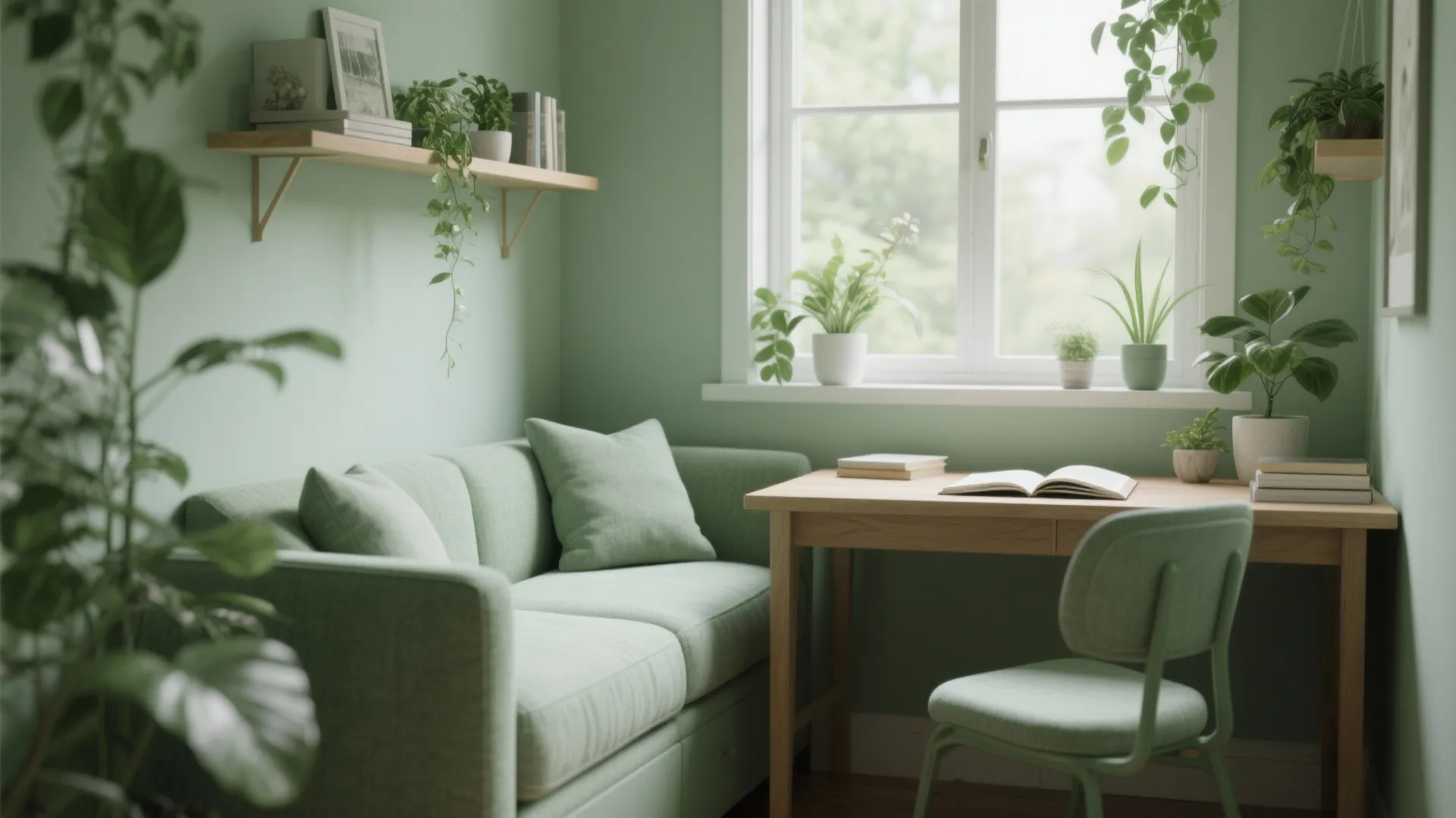 Sage green study room featuring a soft sofa wooden desk potted plants and natural window light