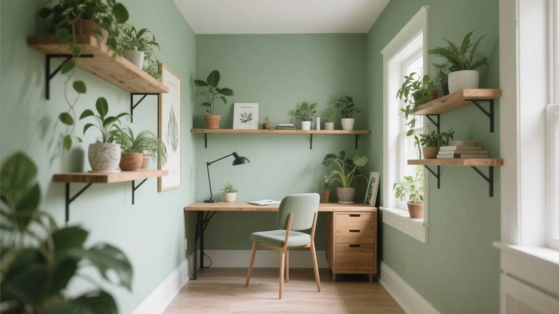 Small green home office with wooden desk, green chair, and many potted plants on shelves