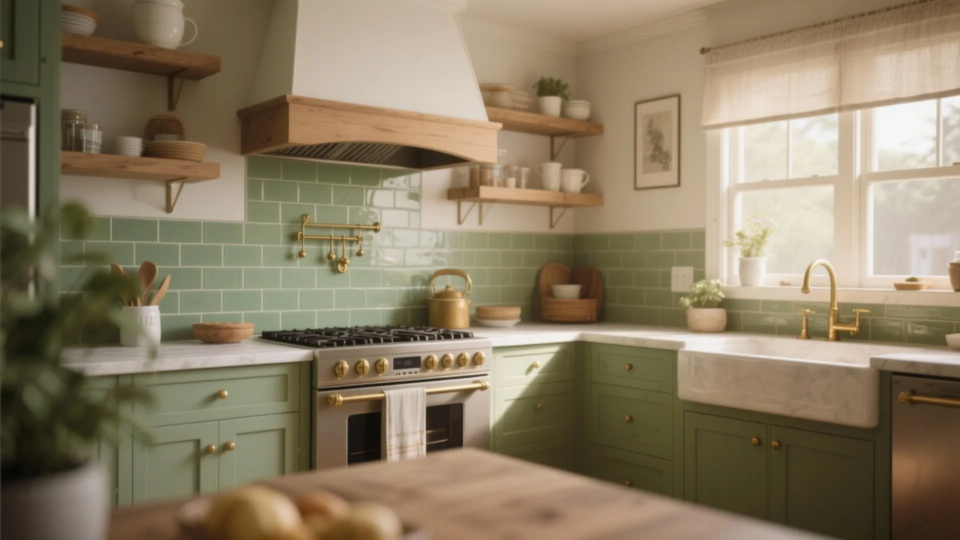Modern kitchen featuring sage green wall tiles, olive green cabinets, wooden shelves, and gold faucet