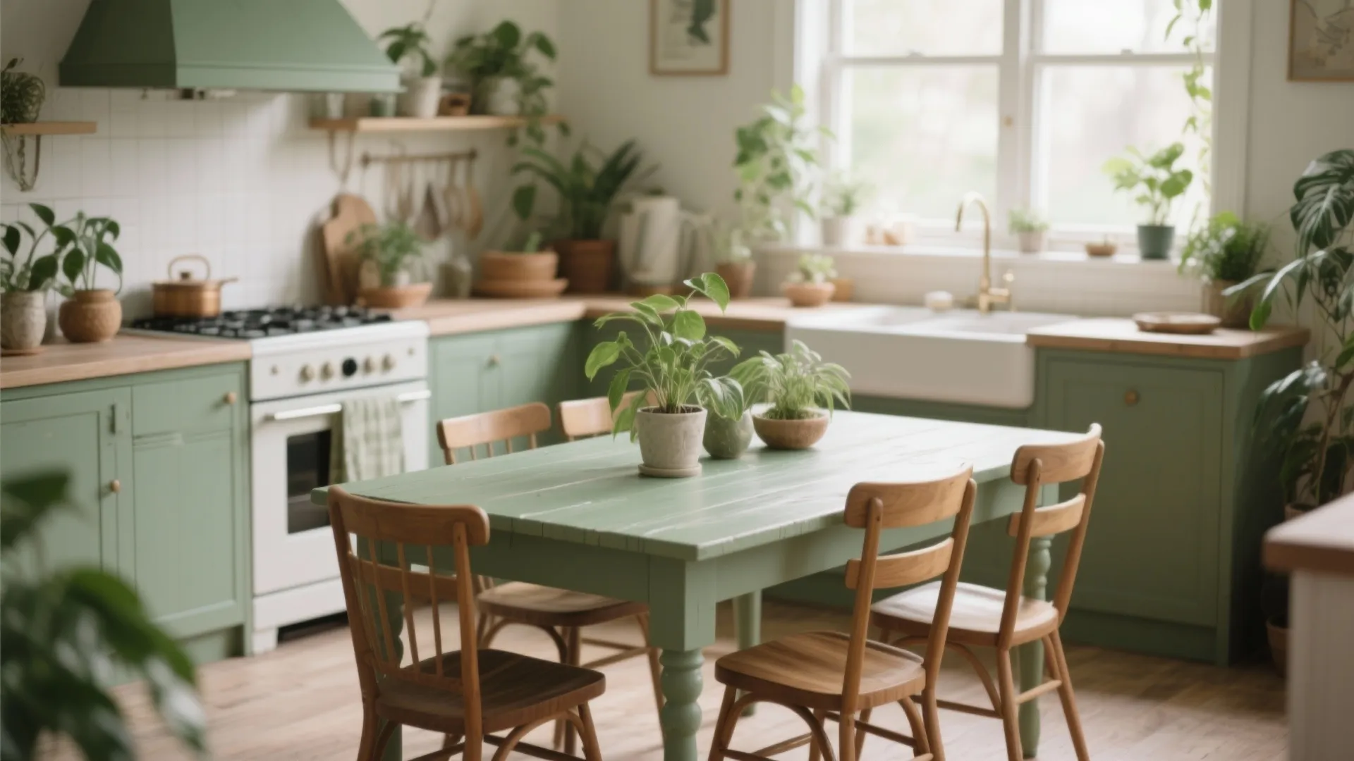 Sage green kitchen with matching wooden table and chairs decorated with many green indoor plants