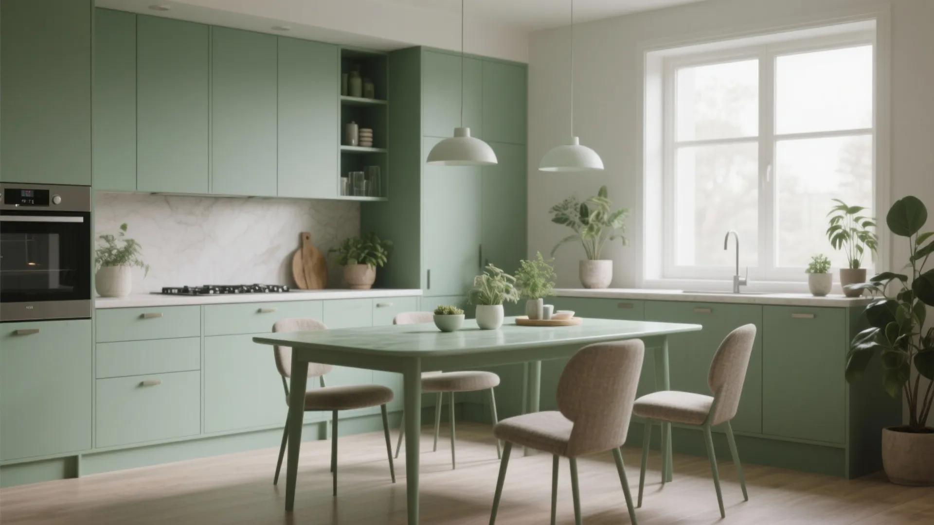 Modern sage green kitchen with matching dining table, grey chairs, indoor plants, and natural light