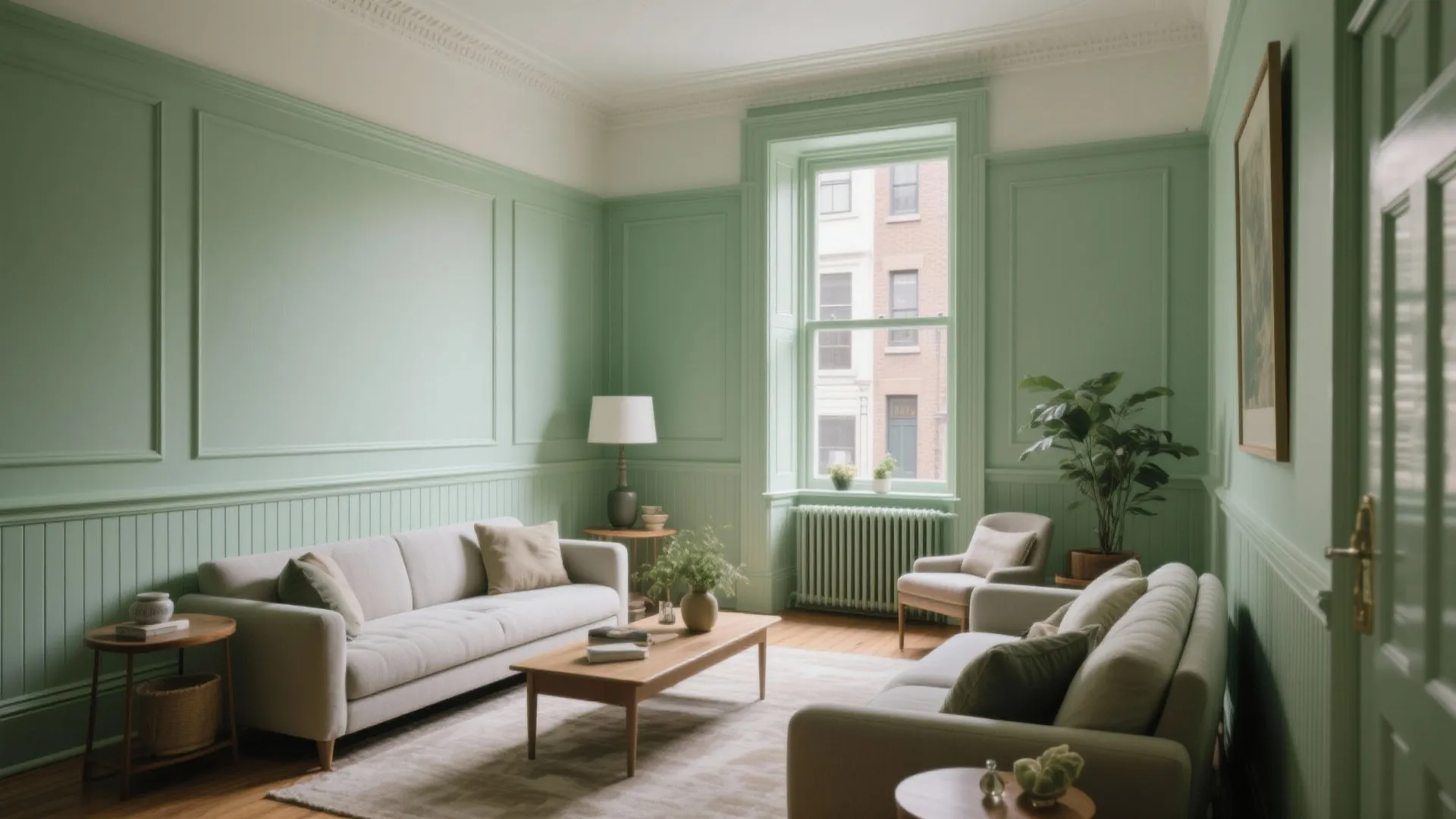 Sage green living room with wall panel details white sofas wooden coffee table and natural light