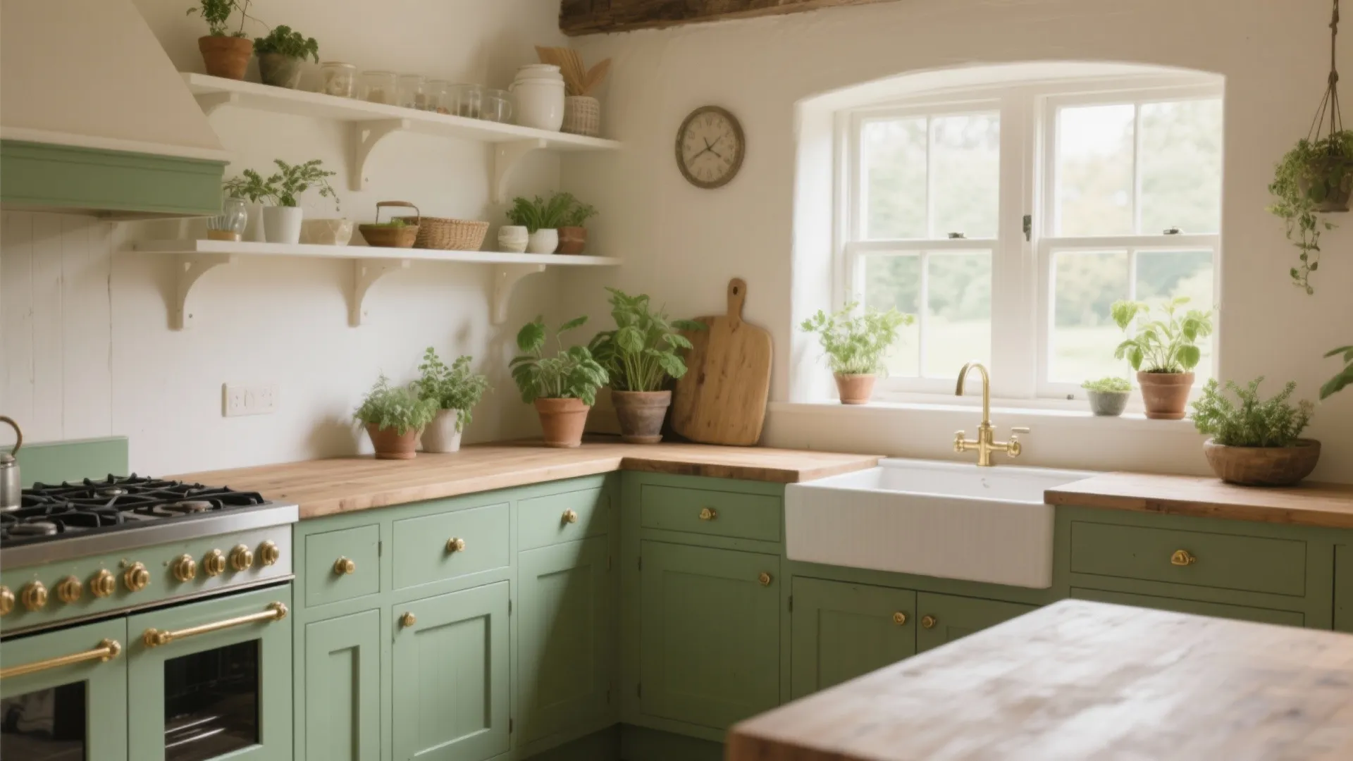 Sage green kitchen featuring wooden countertops, white farmhouse sink, brass faucet, and open wall shelves