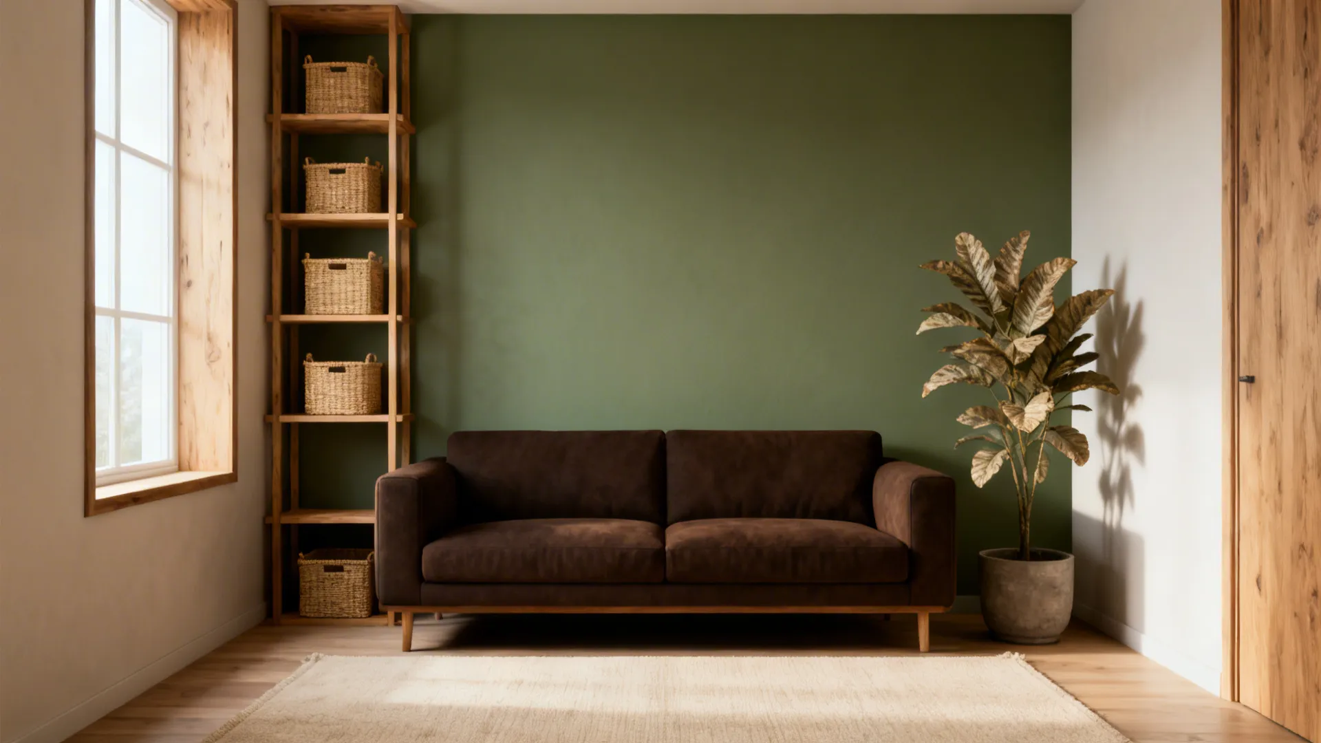 Small living room with sage green wall, dark brown sofa and natural wood shelving.
