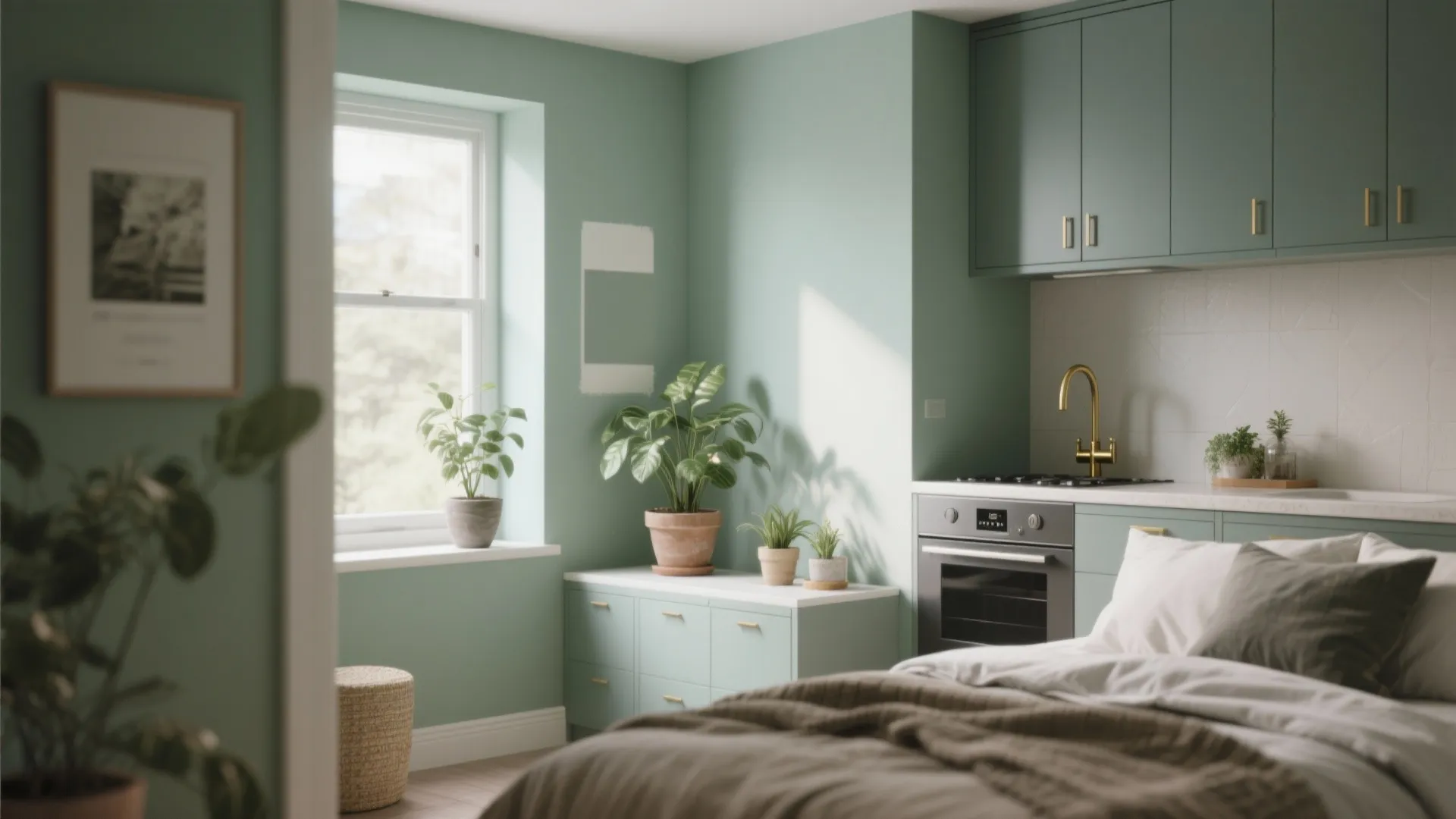 Small room corner in soft sage with plants and brass accents, showing modern calm styling and a paint tester near the light source.