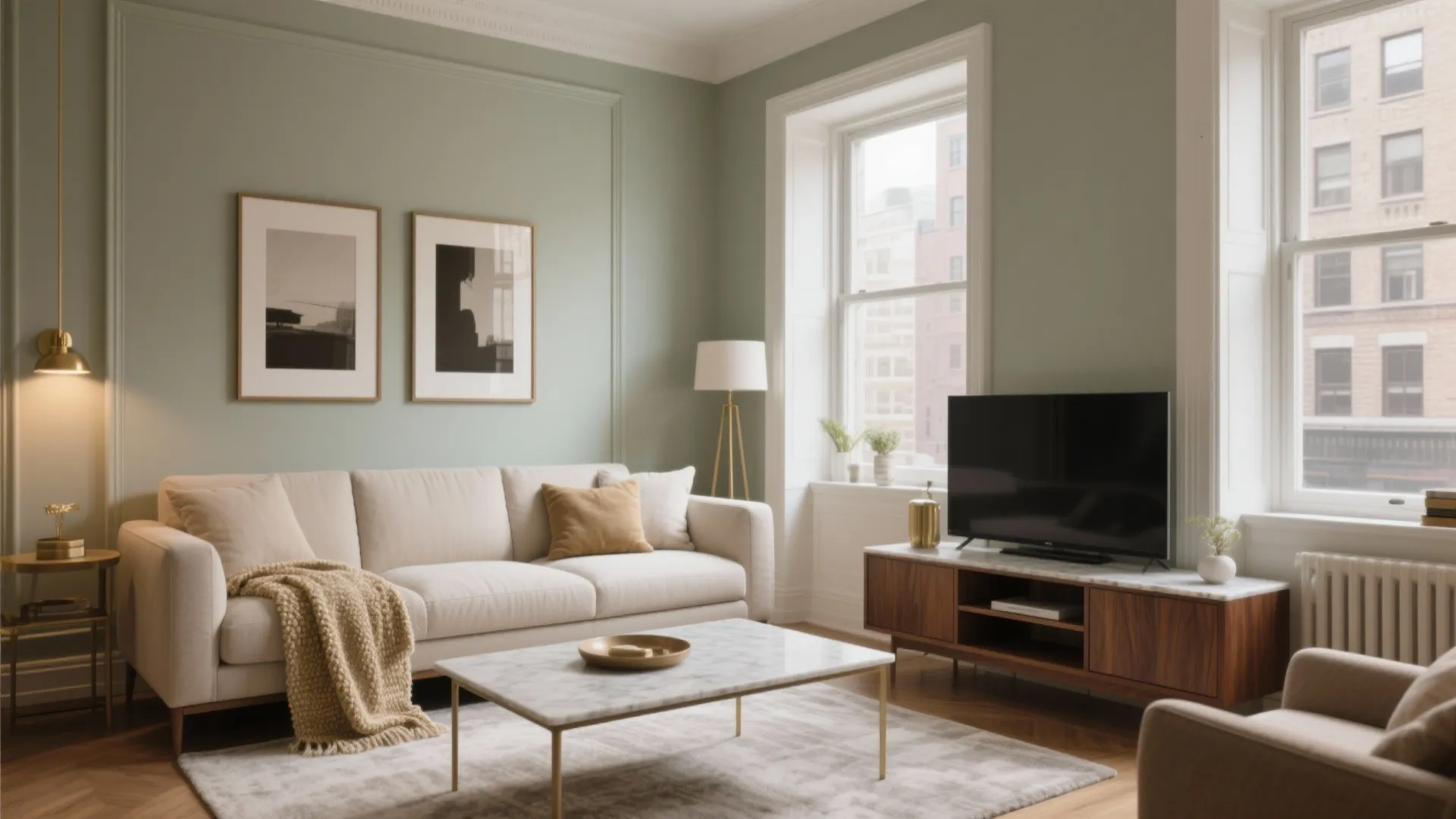 Light sage green living room with cream sofa marble coffee table wooden cabinet and big windows