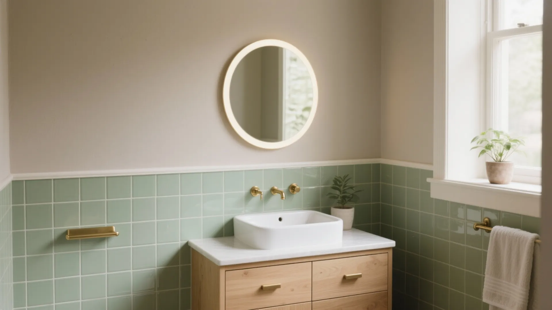 Modern bathroom with light green wall tiles round glowing mirror wood cabinet and gold tap