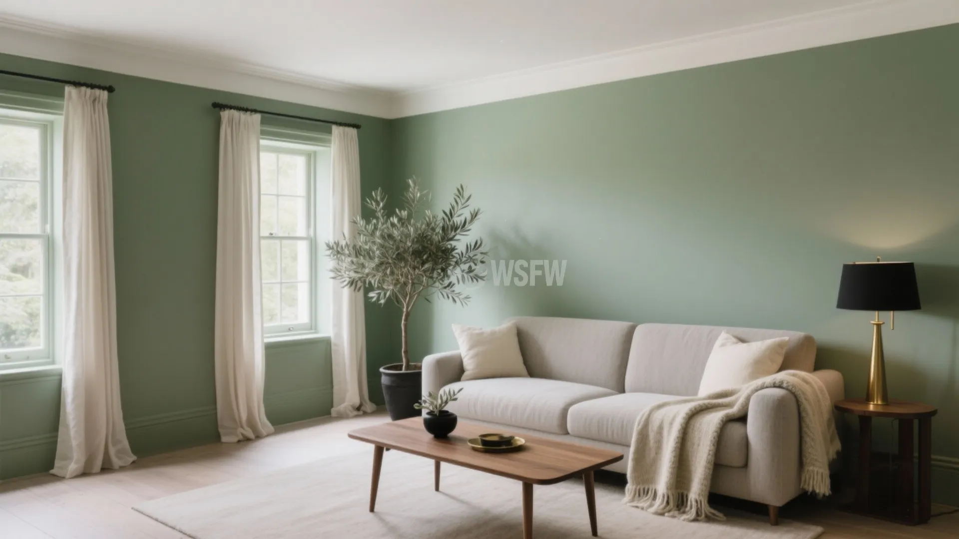 Living room with sage green walls beige sofa wooden coffee table white curtains and potted tree