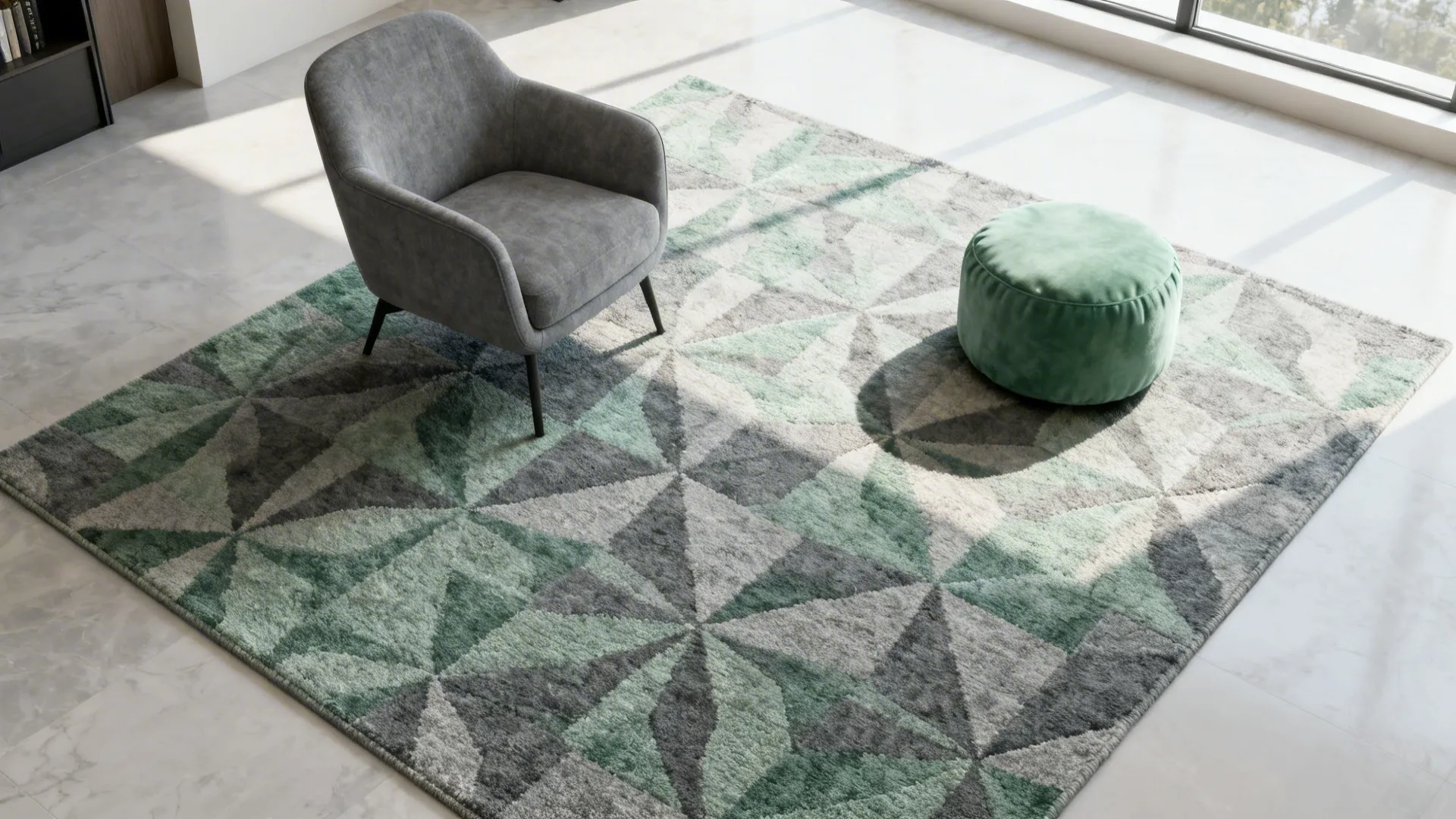 Top-down view of a patterned rug mixing sage and grey with seating arranged around it