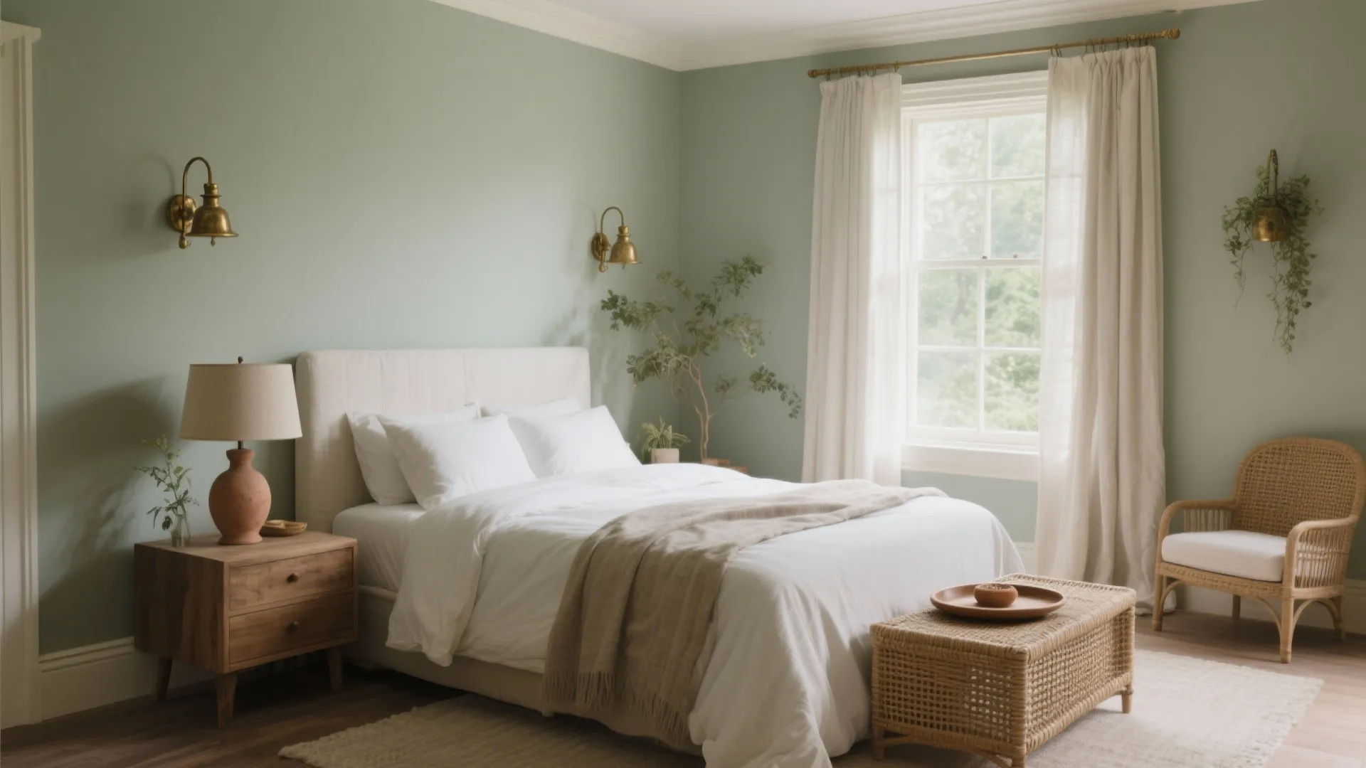 Sage green bedroom featuring white bedding woven footrest rattan chair white curtains and brass wall lights