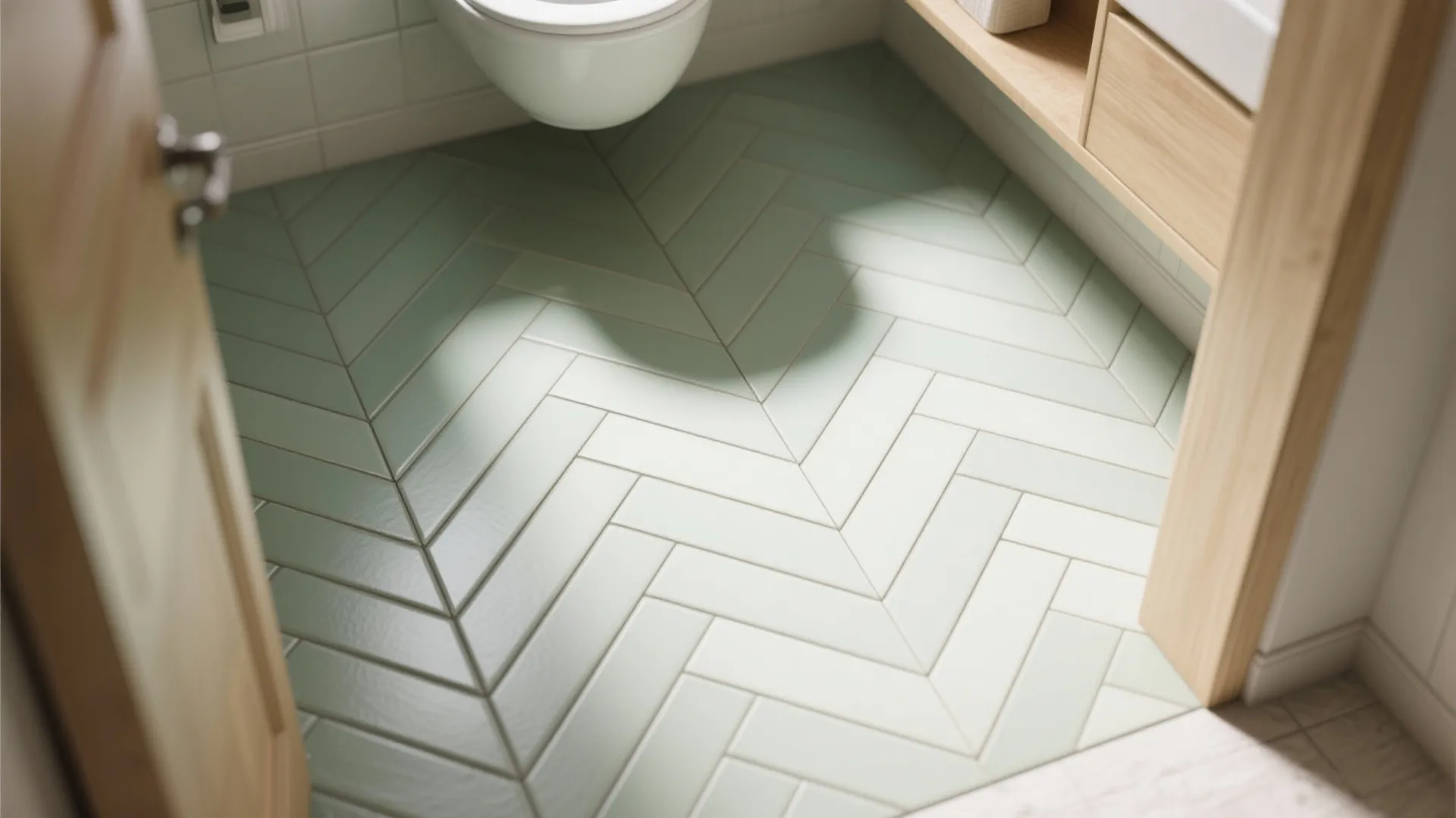 Green and white bathroom floor tiles in v-shape pattern seen through an open wooden door