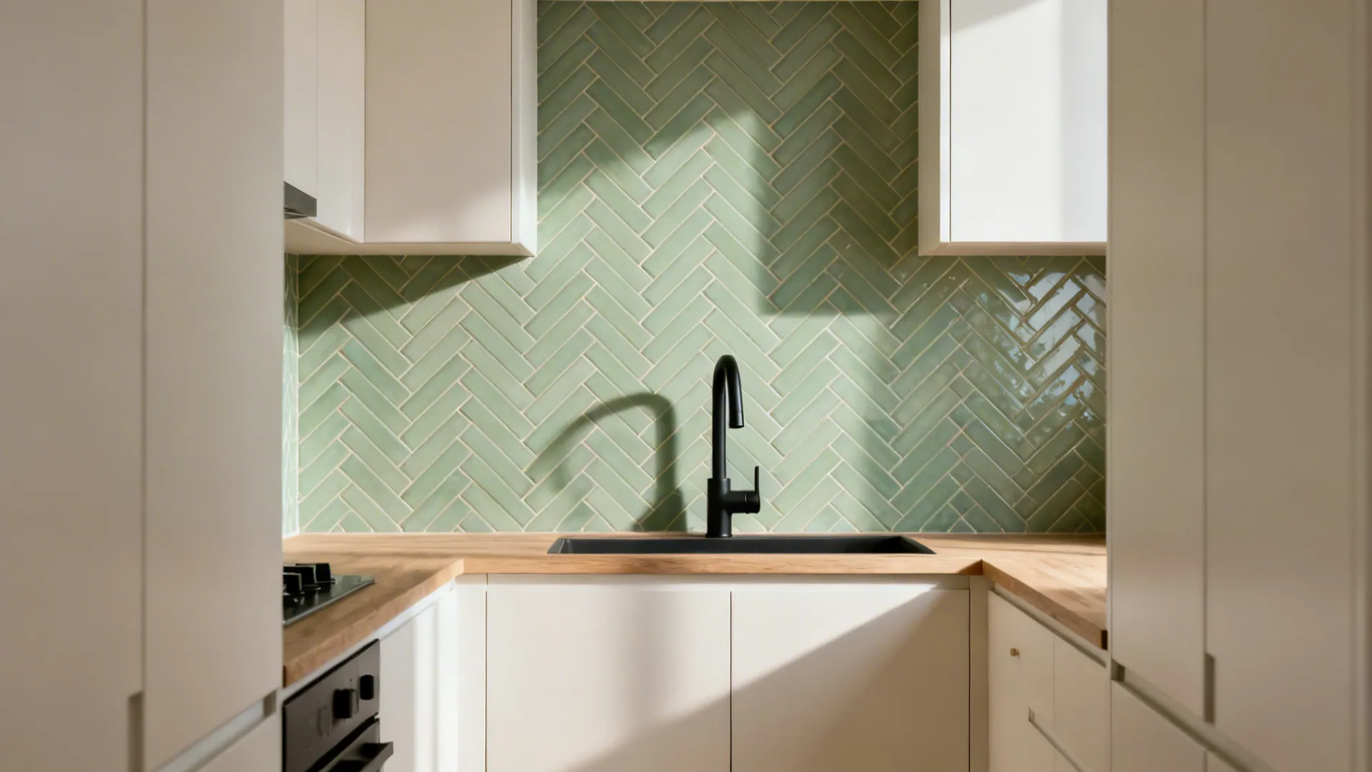 Soft sage ceramic herringbone backsplash adds movement in a narrow small kitchen.