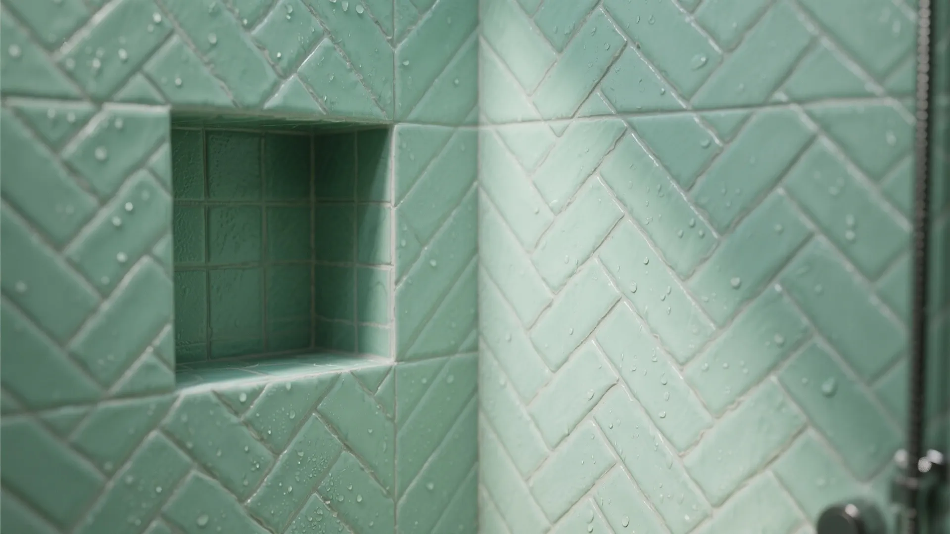 Green herringbone wall tiles with water drops and a built in wall shelf in shower area