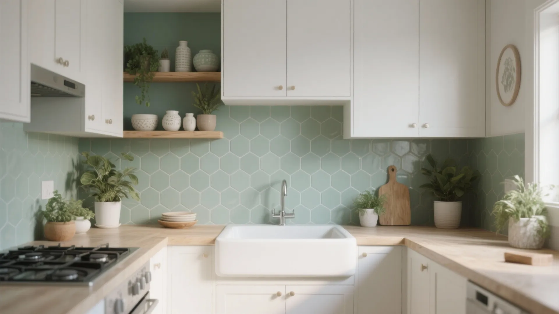 2. Matte Sage Hexagon Tiles for Calm Texture