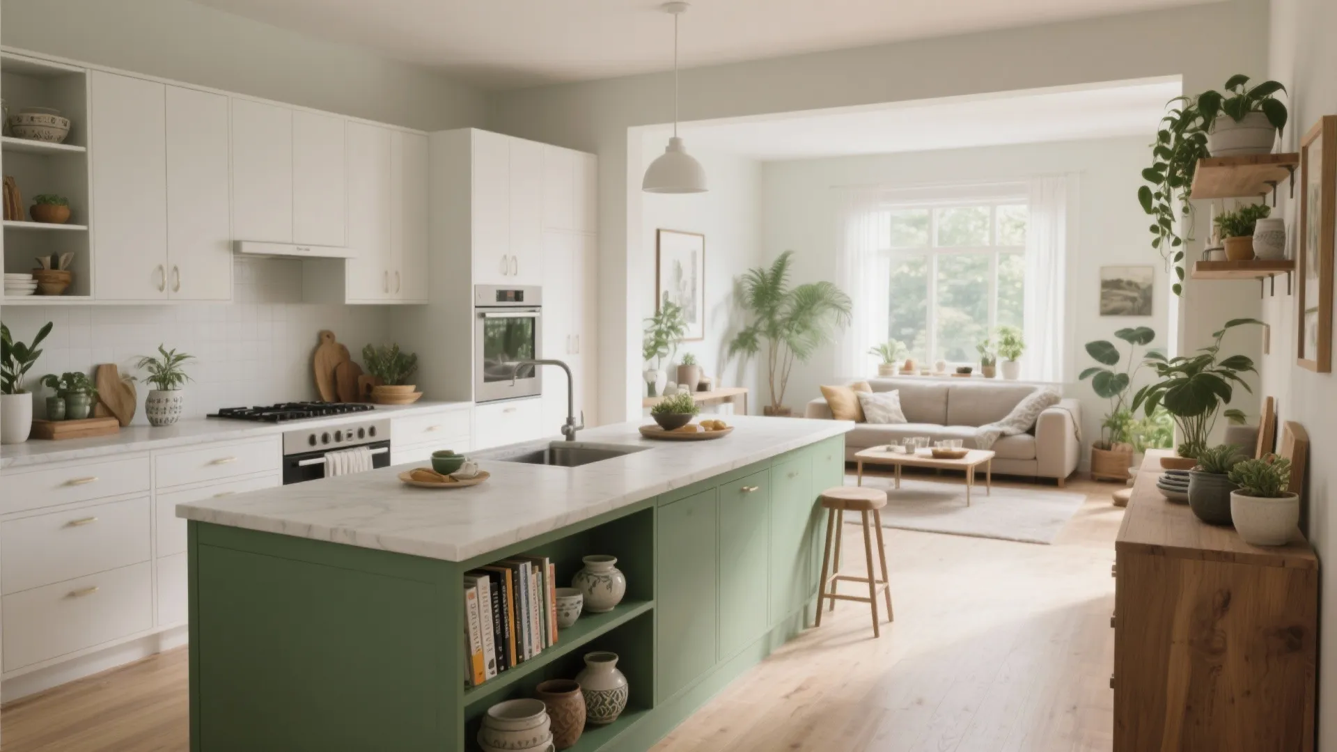 2. Sage green island with open shelving