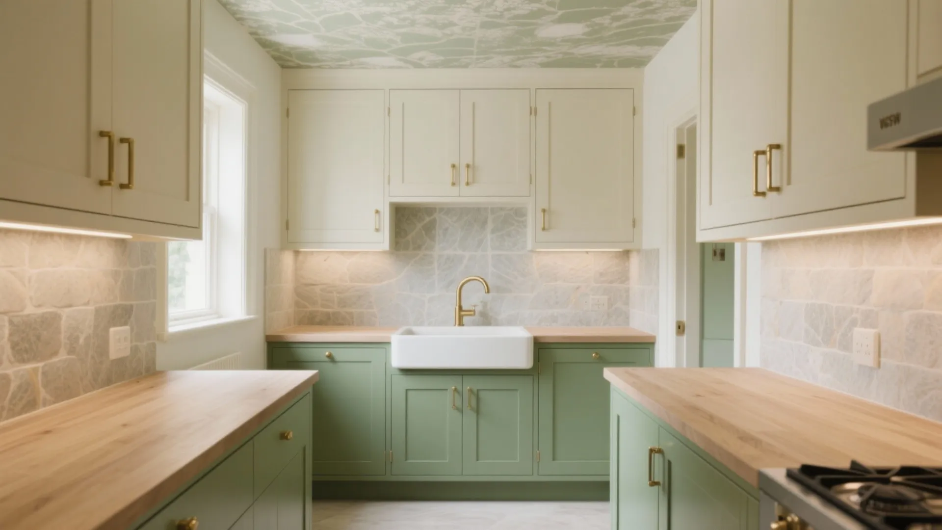2) Sage Green + Cream + Brushed Brass (Kitchen Fresh)