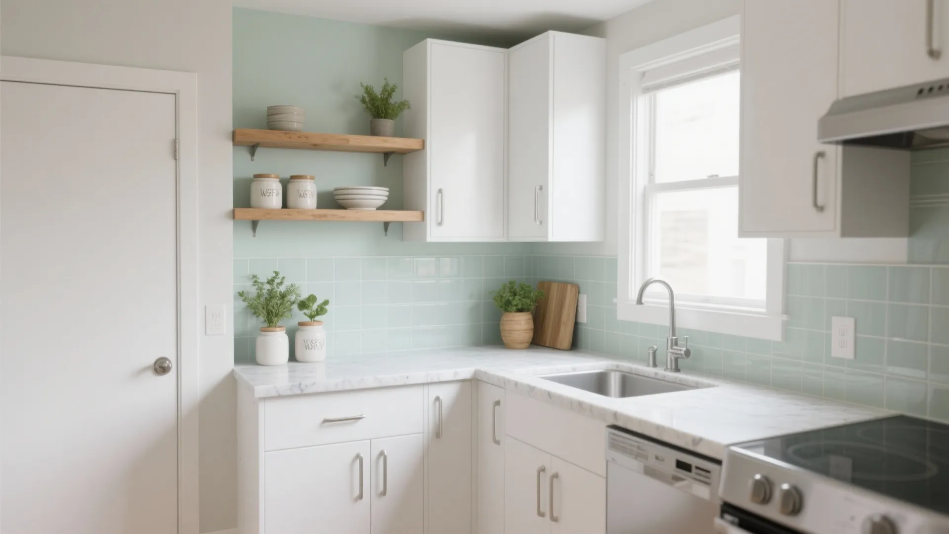 Bright kitchen featuring white cabinets light green tile backsplash wooden open shelves and a sink