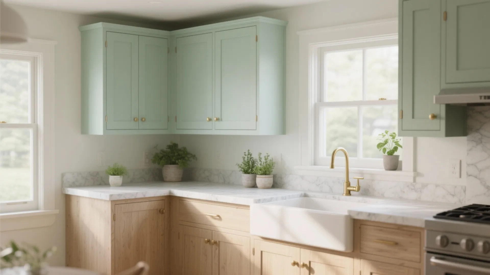 Sage green kitchen wall cabinets with light wood bottom cabinets marble countertop and gold faucet