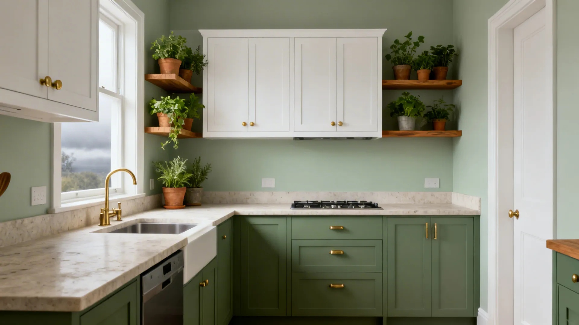 Small kitchen with muted sage walls, white uppers, oak shelves, and brass details.