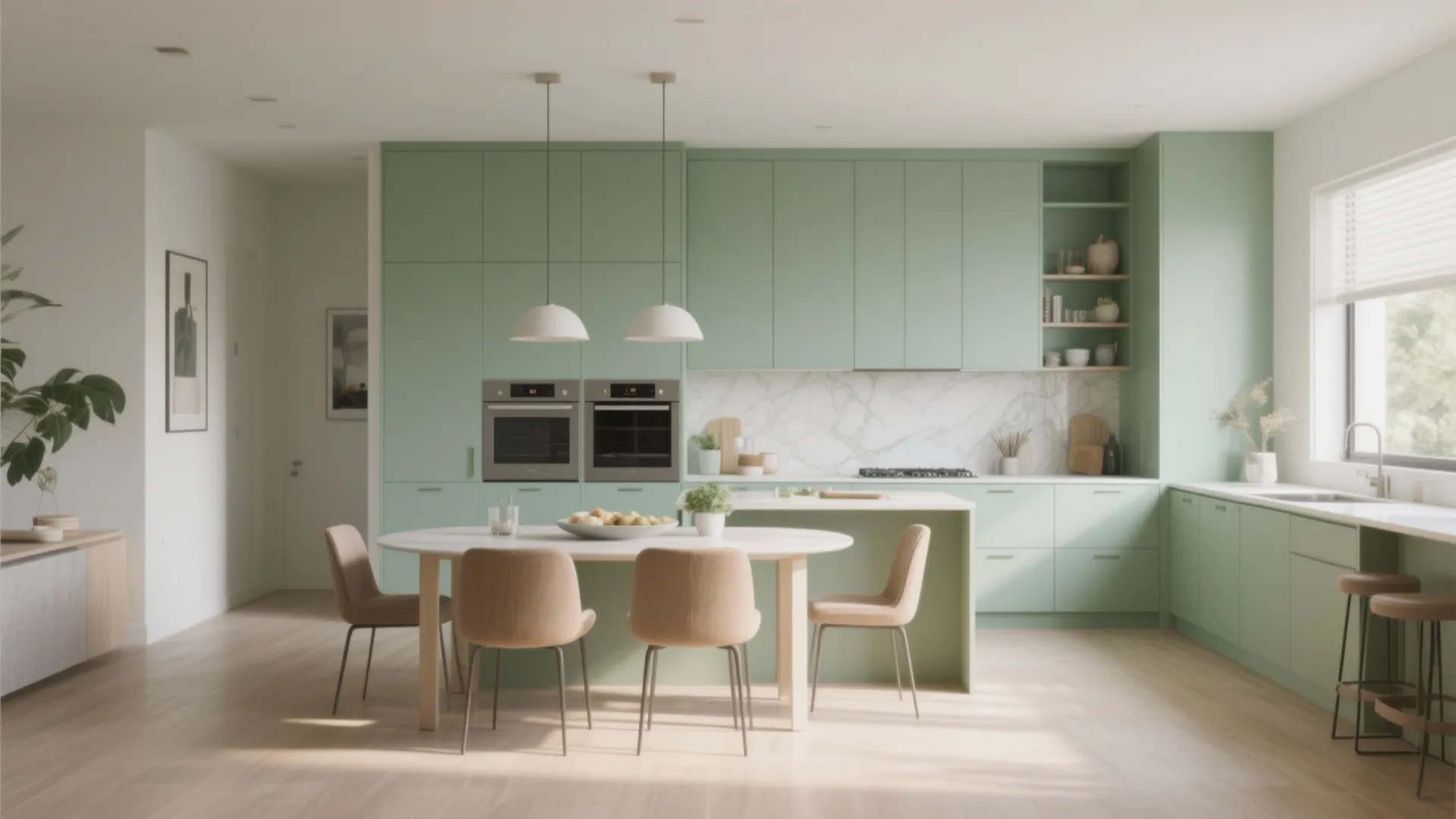 Contemporary kitchen with light green cabinets white island dining table two ovens and natural sun light