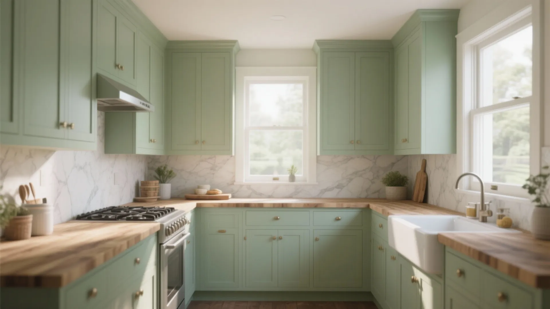 Modern sage green kitchen with wood countertop marble wall panel white sink and natural light