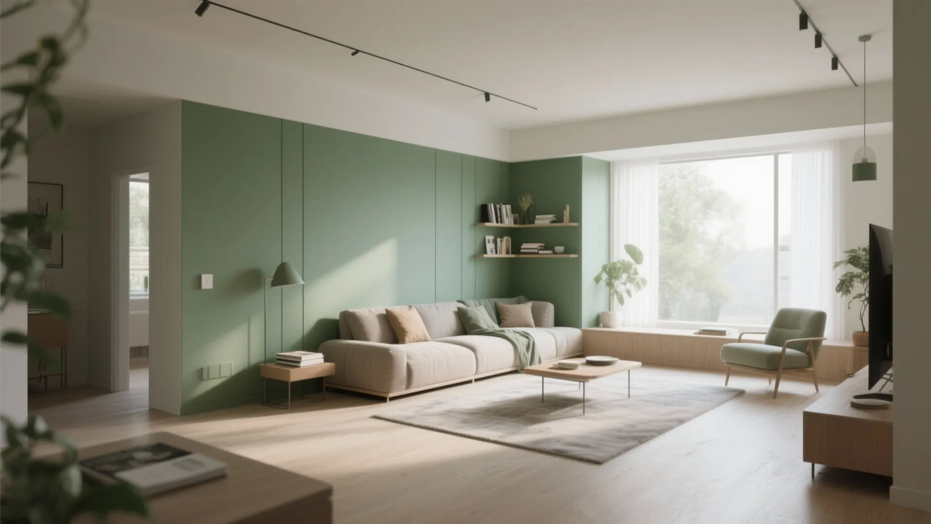 6. Sage Green in an L-Shaped Living Layout