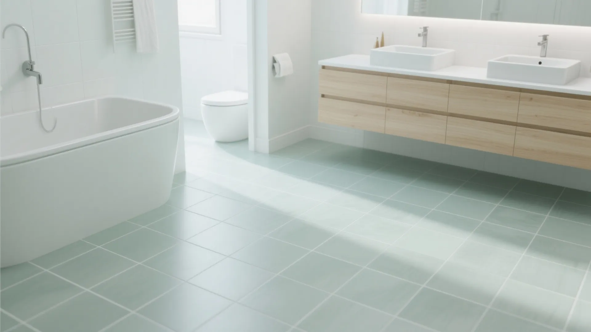 Scandinavian bathroom with large-format soft sage tiles and minimal grout lines.