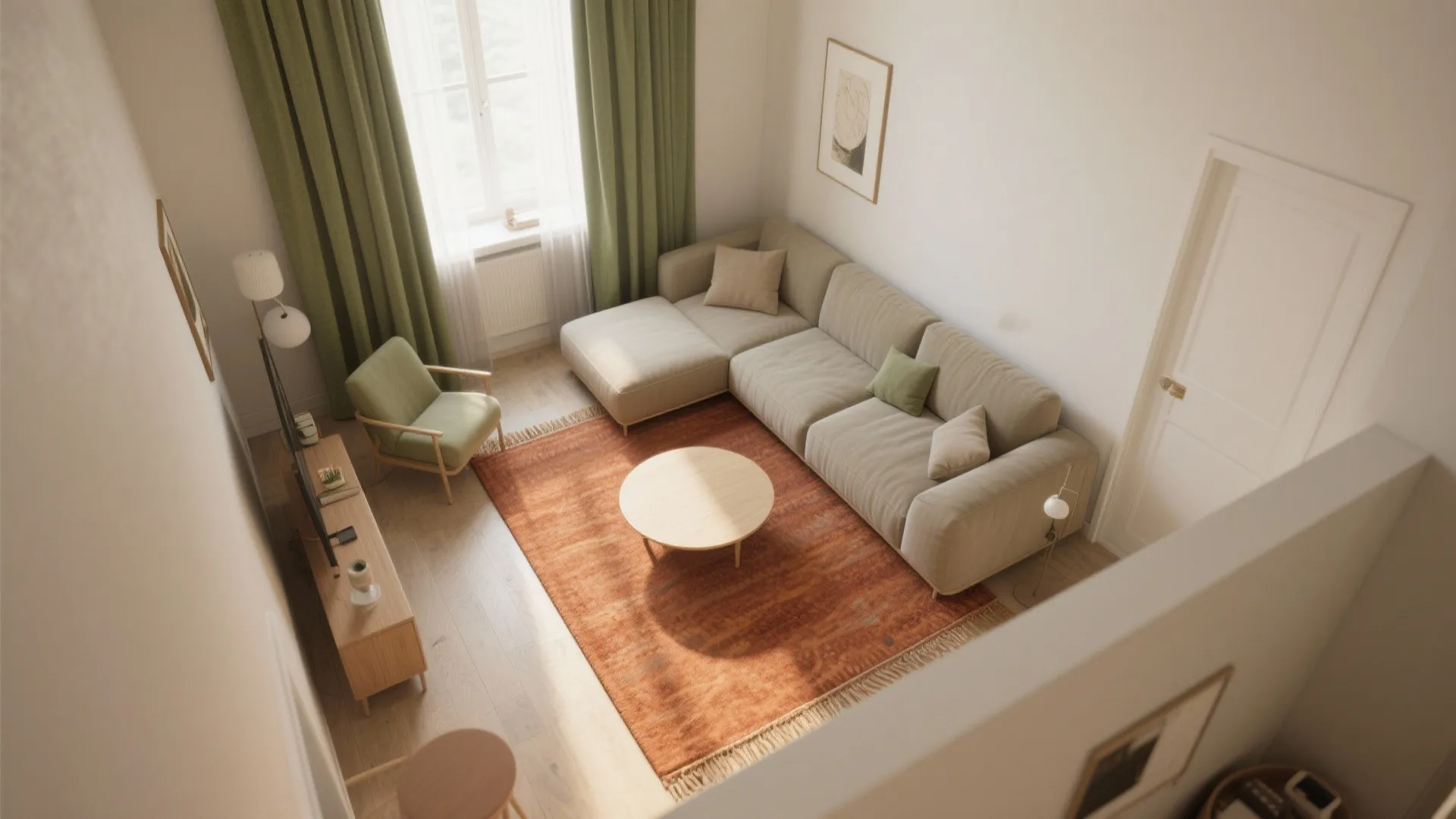 Modern living room with beige sofa green armchair orange rug round wood table and green curtains