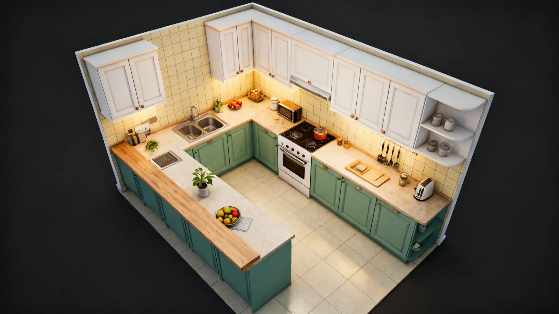 Top down interior design drawing of kitchen with green cabinets white cupboards and wooden countertop layout
