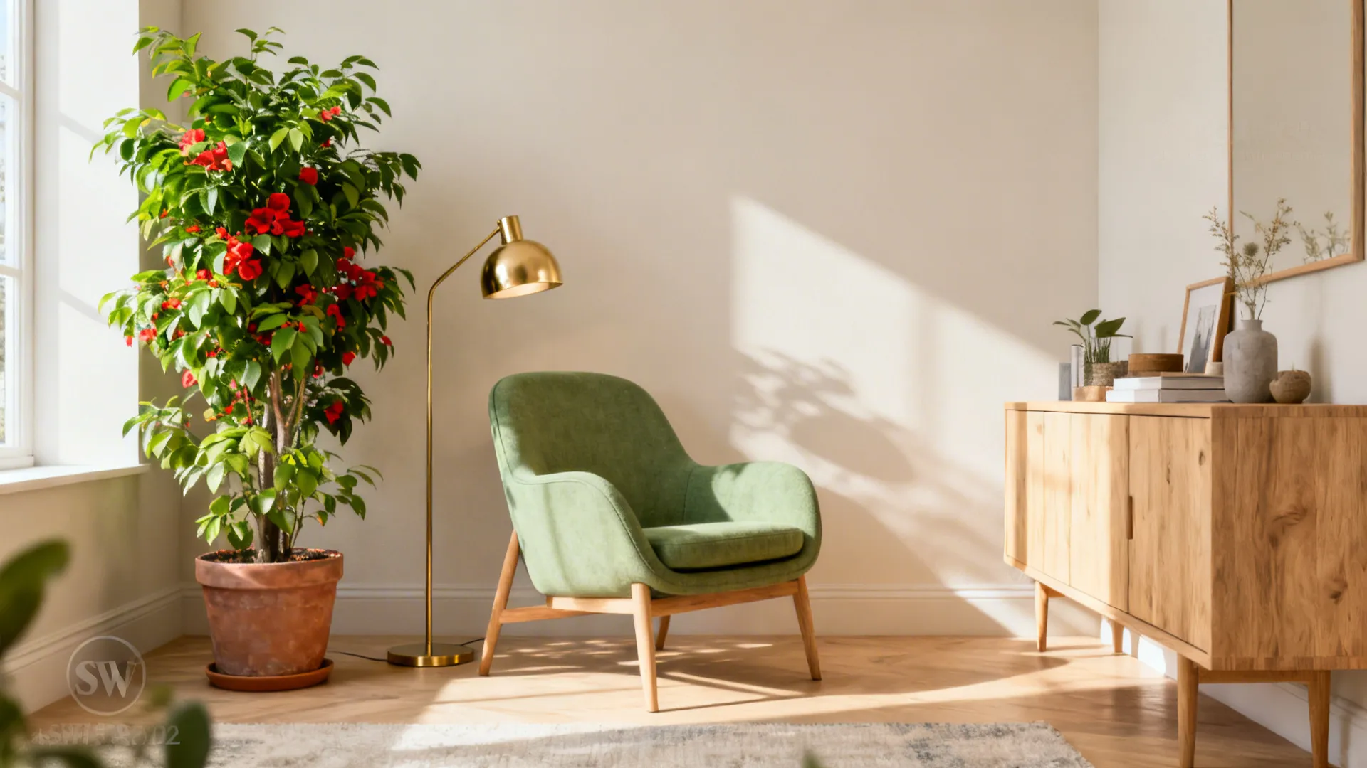 2. Bright Accents with Sage and Light Oak