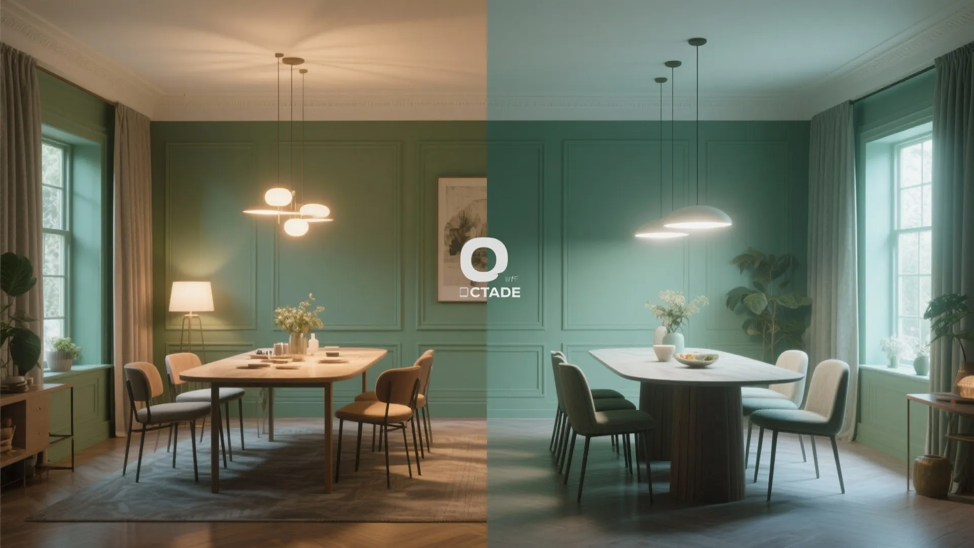 Side by side comparison showing warm yellow indoor lighting versus cool white indoor light fixture