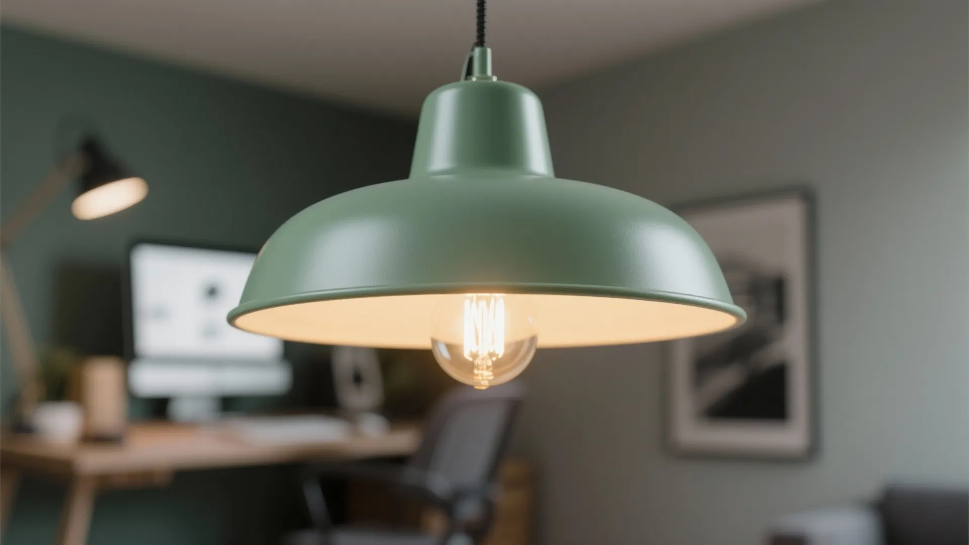 Close up of a green ceiling light hanging in a home office with blurred background