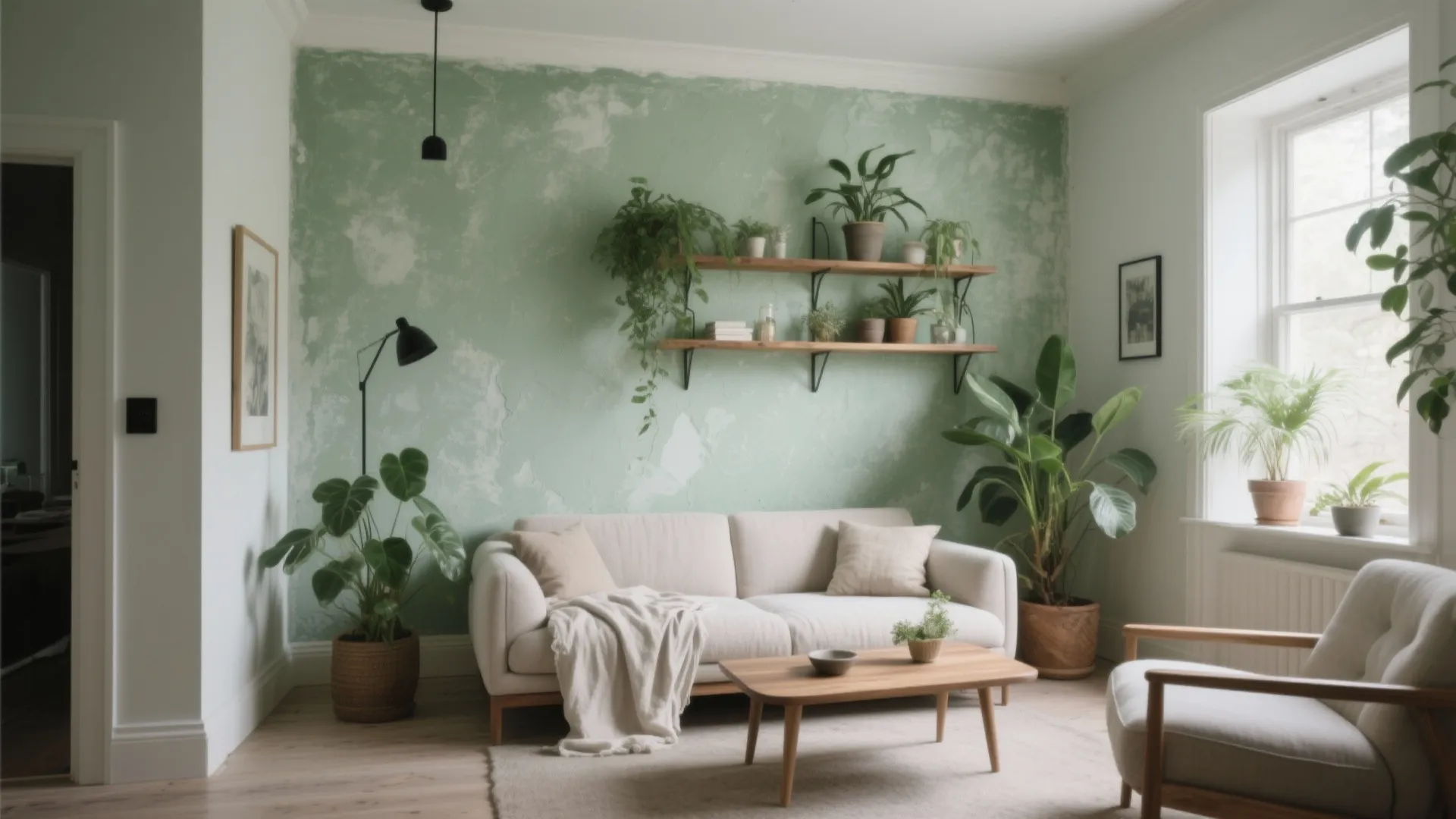 Living room with green textured wall white sofa wooden coffee table and many green plants