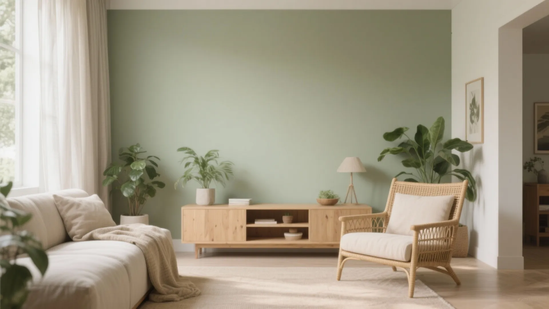 Soft sage accent wall with linen neutrals, rattan, light oak, and leafy plants for a calm biophilic living room.