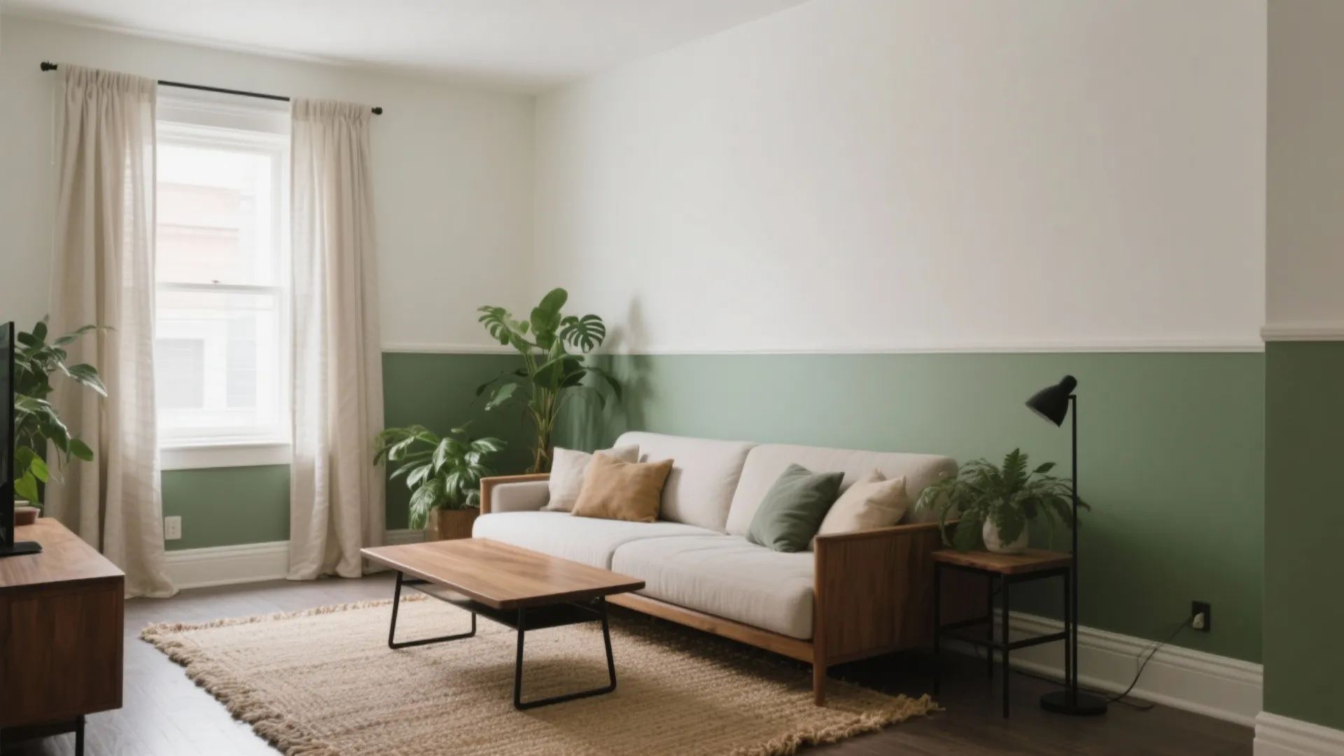 Modern living room with sage green wall panel white upper wall sofa and wooden coffee table