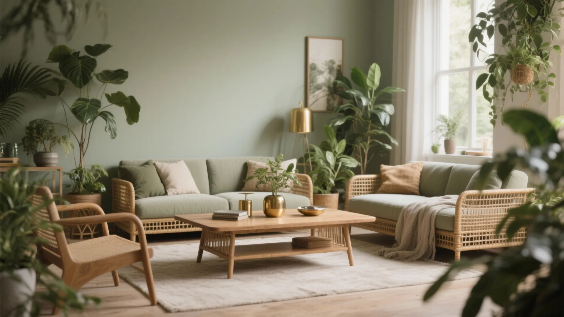 Cozy sage green living room with wicker sofa, wooden coffee table, floor plants, and light