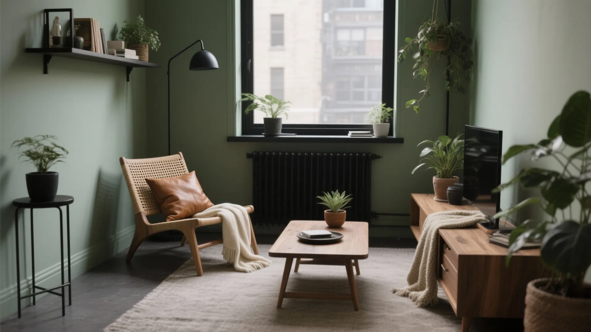Sage green living room with wooden coffee table woven chair floor lamp and many green plants