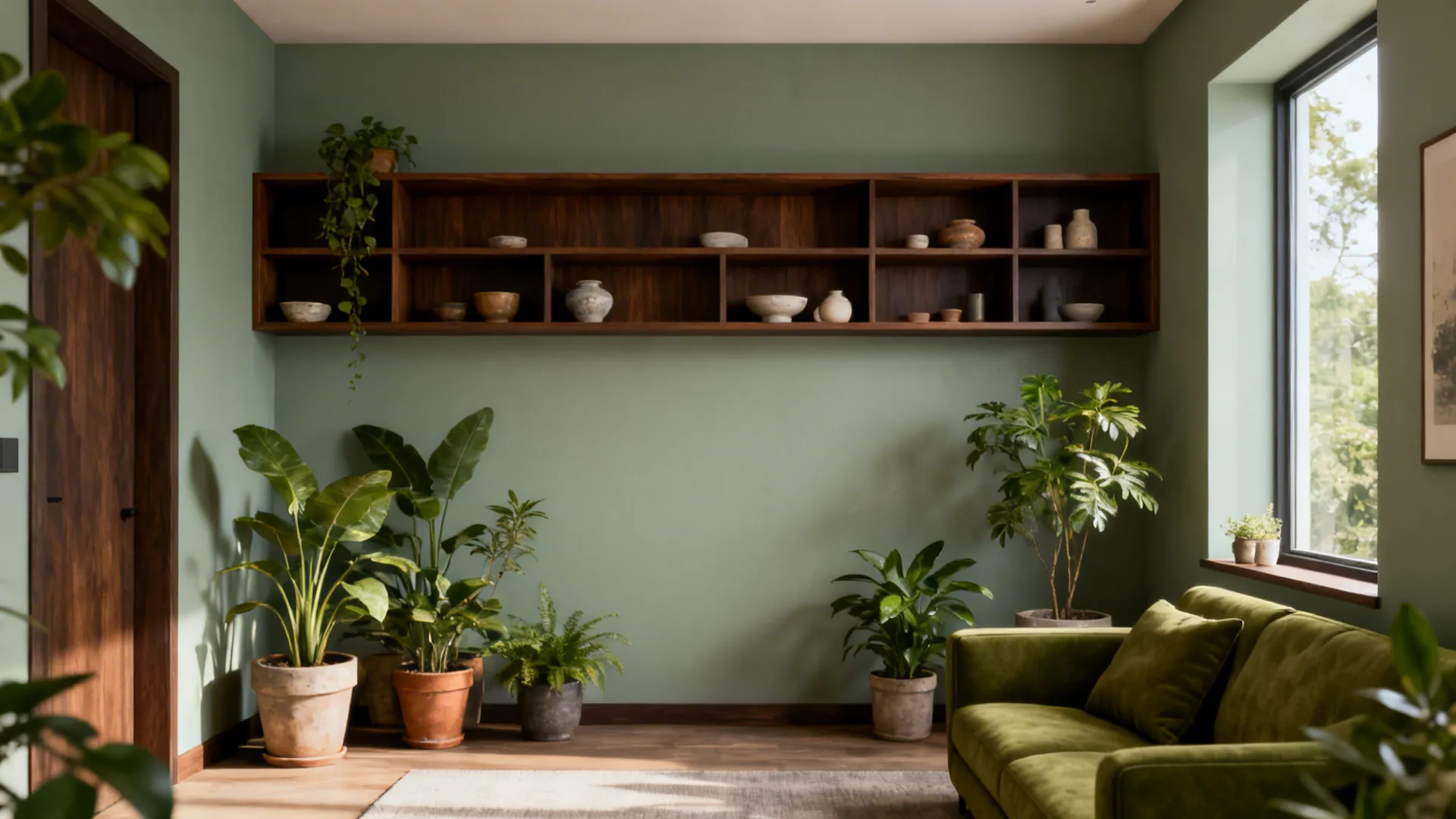 Small living room with muted sage walls, dark brown shelving and indoor plants.